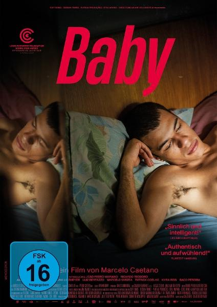 Filmplakat mit dem Titel 'Baby'. Zwei Männer liegen sich gegenüber. Das Poster hat ein blaues und rosa Farbschema, und die Zahl 16 ist sichtbar.