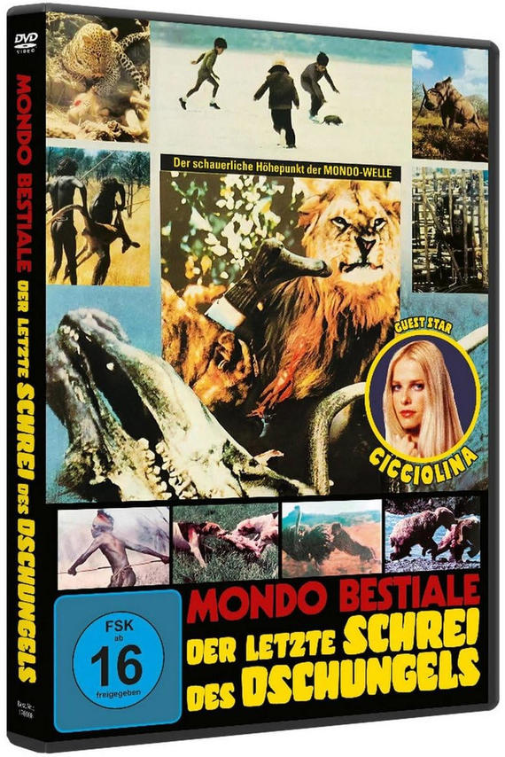 DVD-Cover mit Tierszenen. Titel: 'Mondo Bestiale'. Zeigt Löwen, Kinder und Cicciolina.