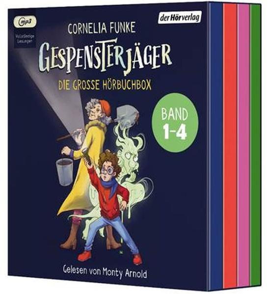 Buchcover von 'Gespensterjäger'. Ein Junge mit Brille und roter Jacke steht einem Geist gegenüber, neben einer älteren Frau in Gelb.
