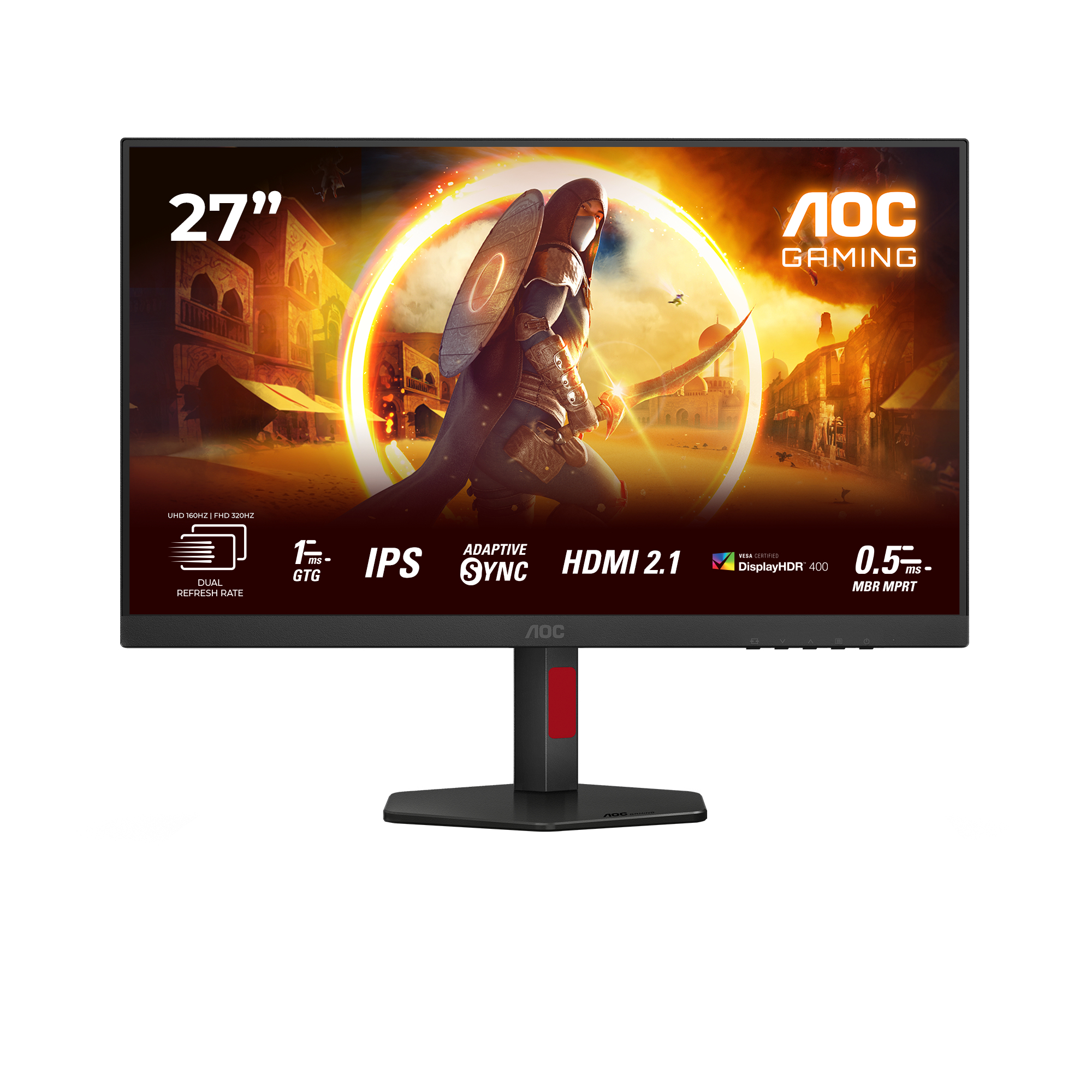 AOC-Gaming-Monitor. Das Display zeigt einen Ritter mit Schild und Bogen vor einer Fantasy-Szene. Schwarzer Ständer und rote Akzente.
