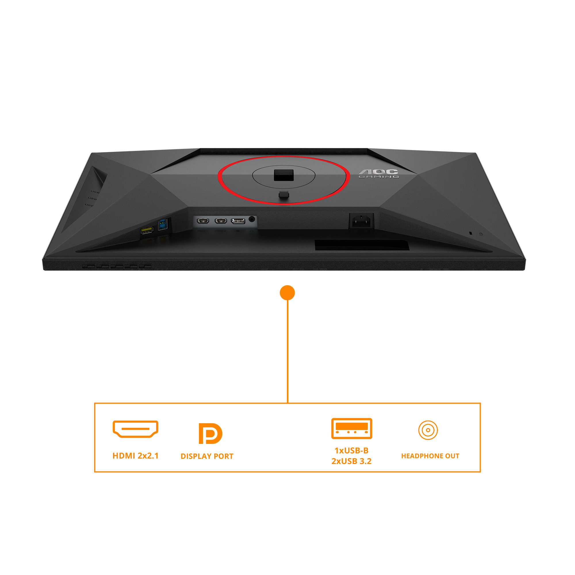 Rückseite des schwarzen Monitors mit Anschlüssen: HDMI, DisplayPort, USB und Kopfhörerausgang. AOC Gaming Logo. Orangefarbene Symbole zeigen Anschlüsse.