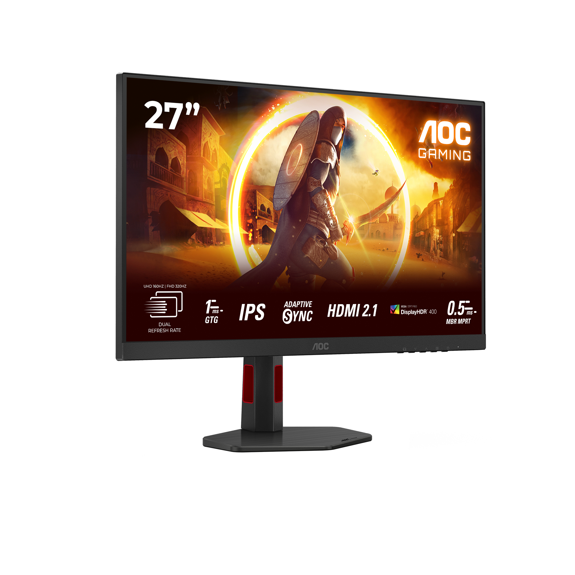 27" AOC Gaming-Monitor. Er zeigt eine Spielszene und Spezifikationen wie HDMI 2.1, IPS und 0,5 ms. Der Ständer ist schwarz und rot.