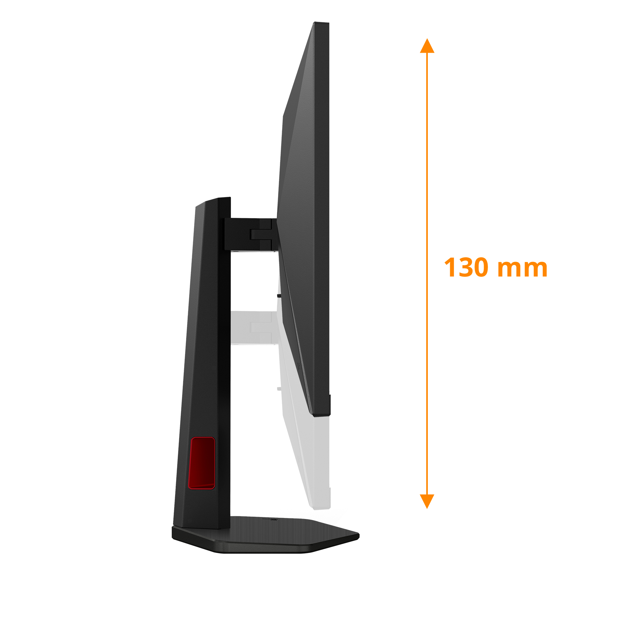 Seitenansicht eines schwarzen Computermonitors mit einem orangefarbenen Pfeil nach unten und dem Text 130 mm.