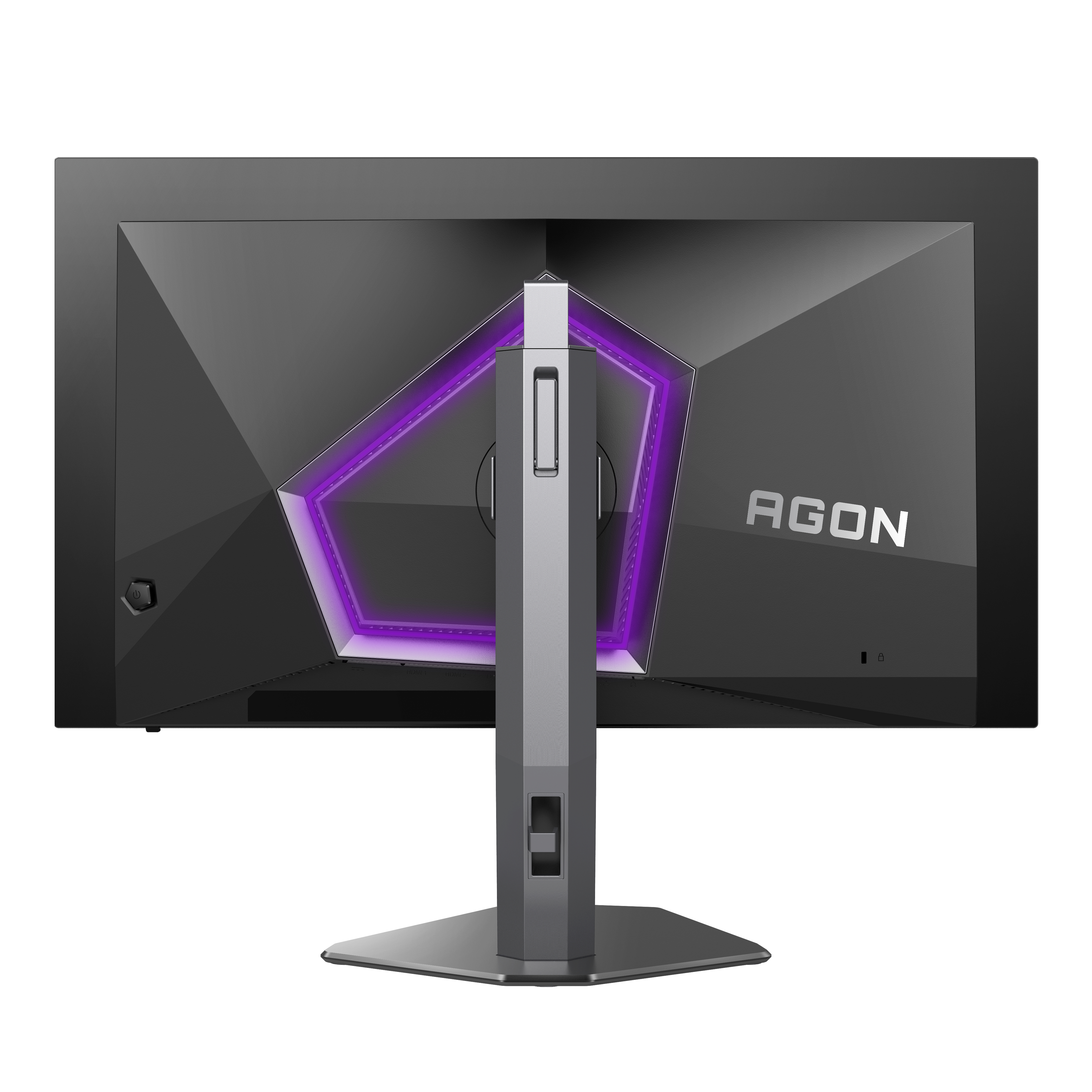 Rückseite eines schwarzen Monitors. Es hat ein lila beleuchtetes Design. Auf dem Monitor steht das Wort AGON. Es steht auf einem grauen Ständer.