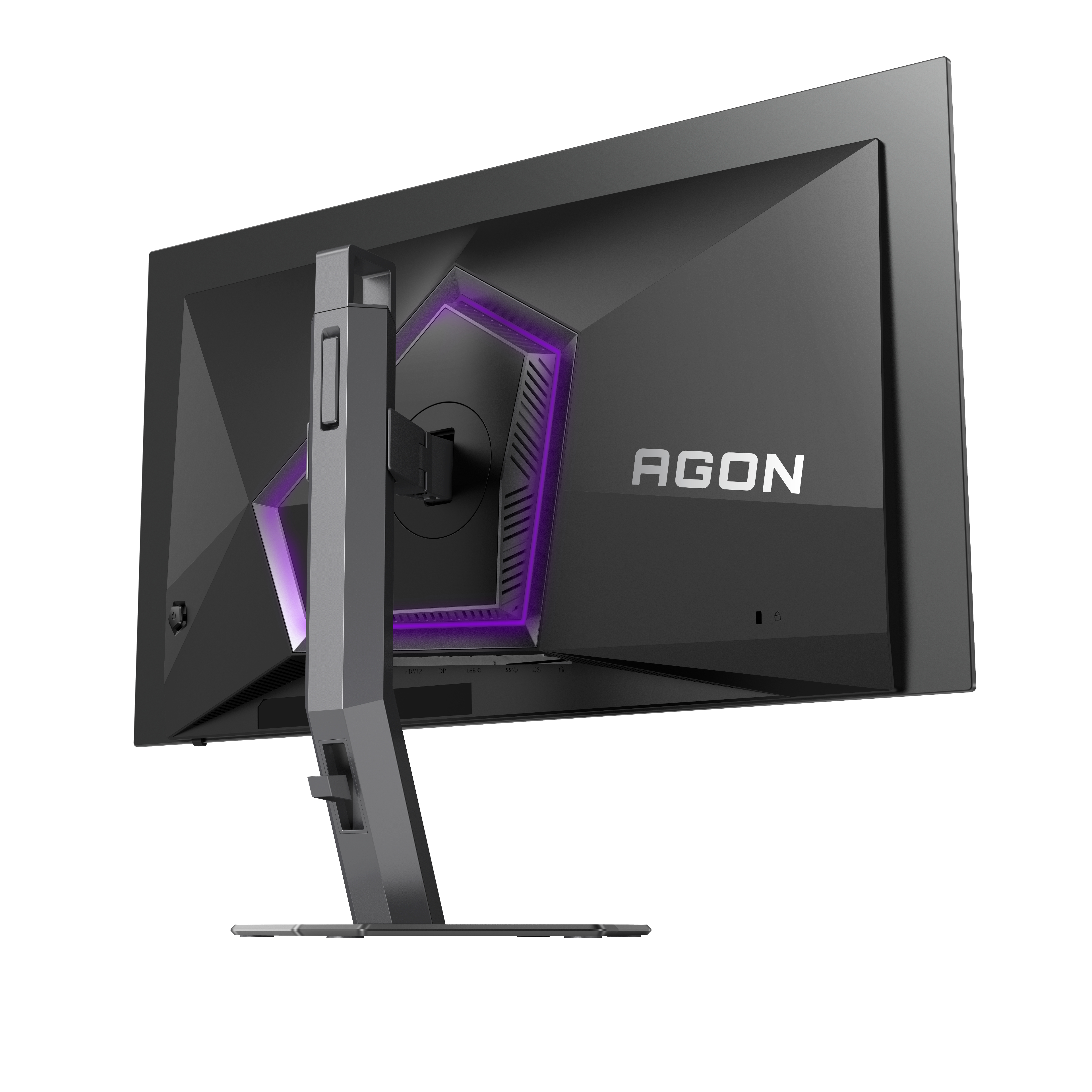 Rückansicht eines schwarzen Agon-Monitors. Er hat einen Ständer und lila Akzentbeleuchtung.