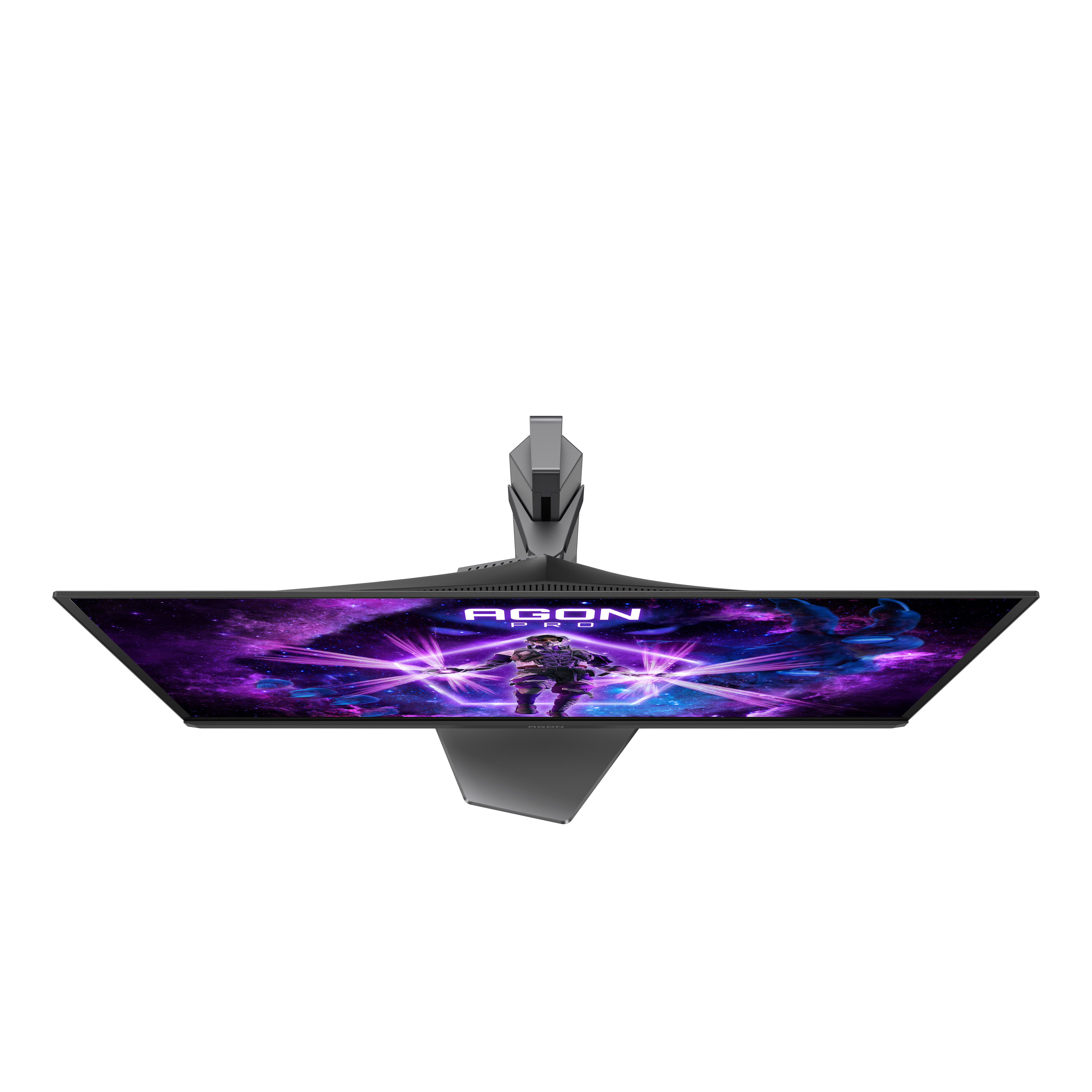Draufsicht auf einen gekrümmten Monitor. Der Bildschirm zeigt eine Weltraumszene. Der Ständer ist grau und der Hintergrund ist weiß.