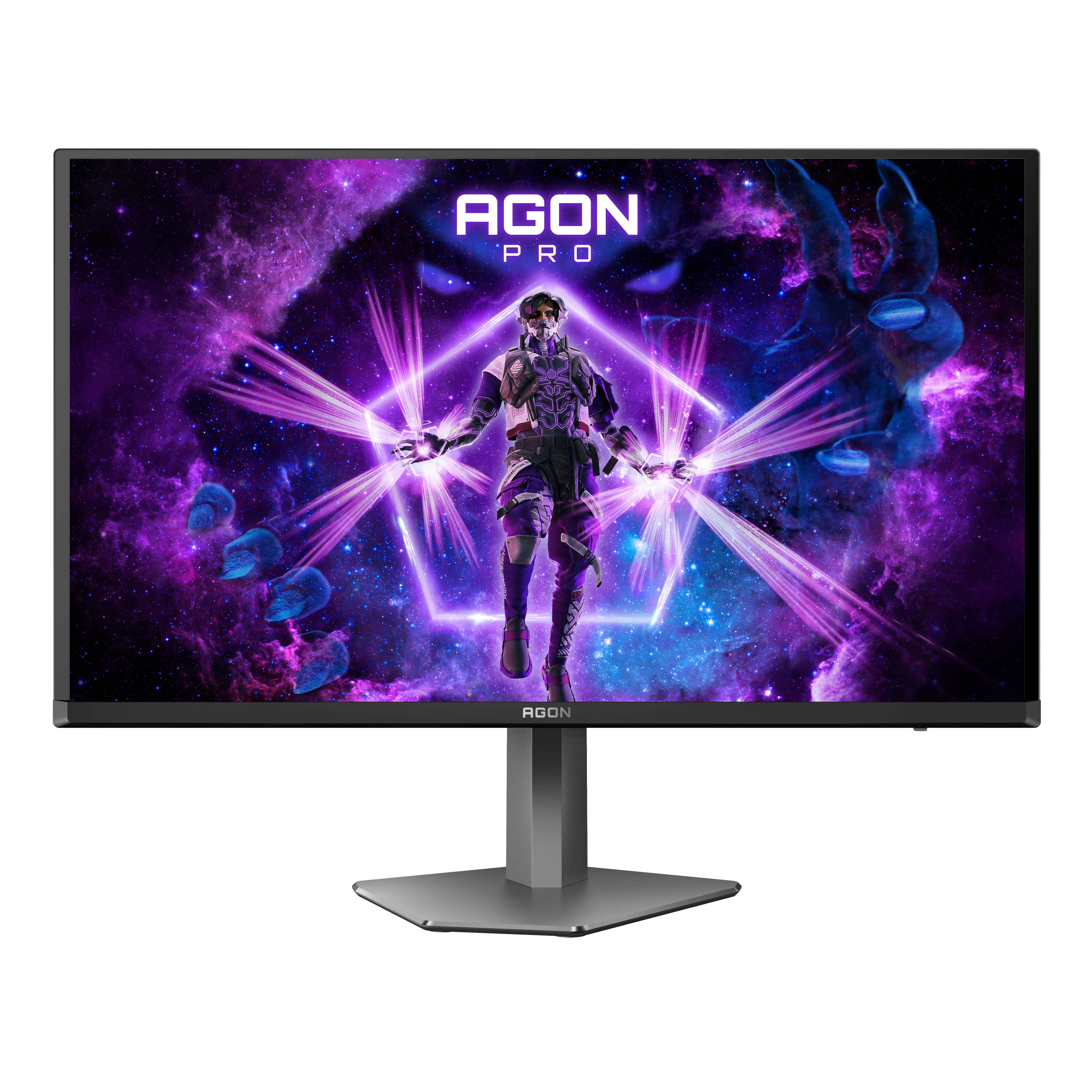 Ein Monitor zeigt eine futuristische Figur mit violetten Energiestrahlen vor einem kosmischen Hintergrund, der Monitor steht auf einem Ständer.