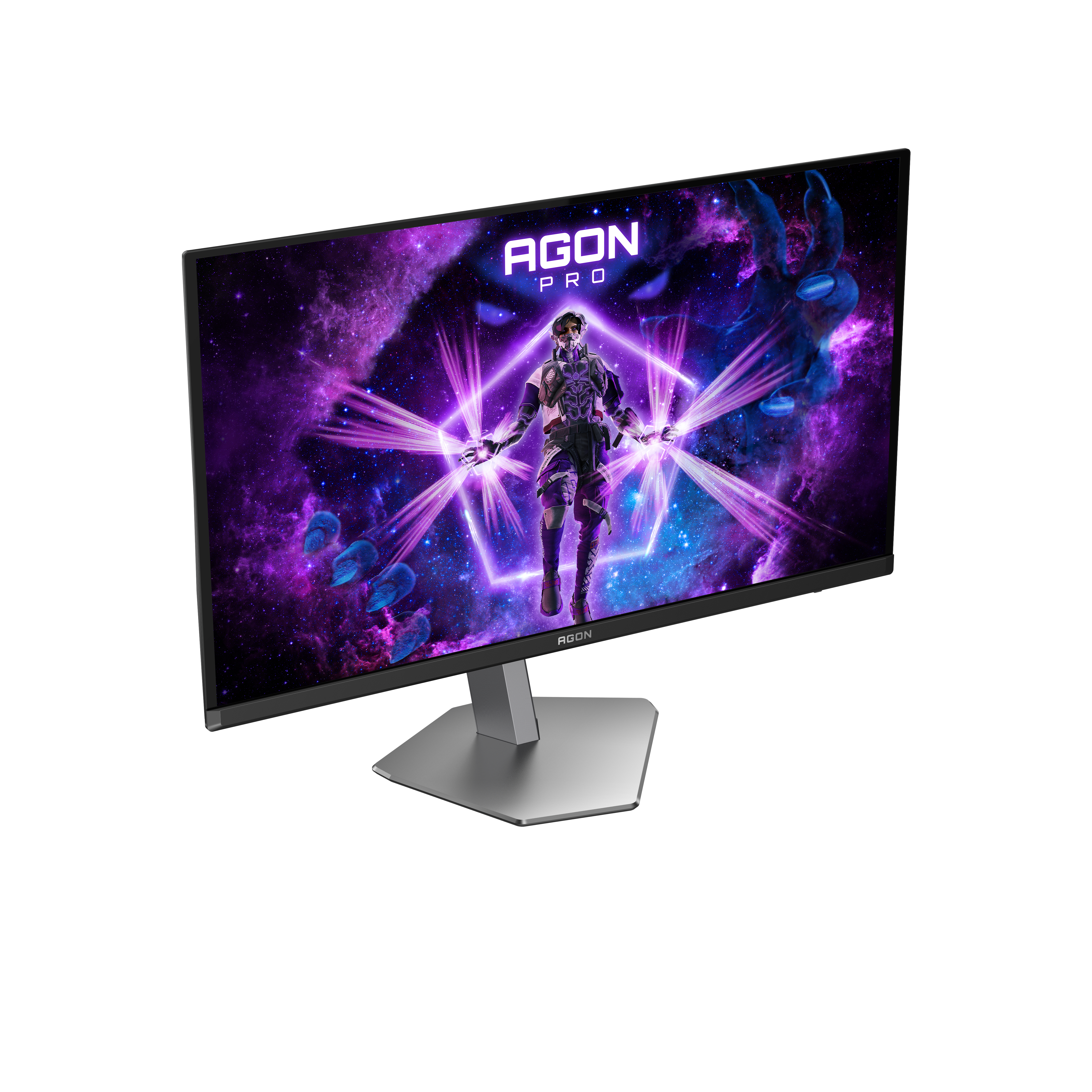 Ein Computermonitor zeigt eine futuristische Szene mit einer Figur in Rüstung. Lila und Blau dominieren den Hintergrund.