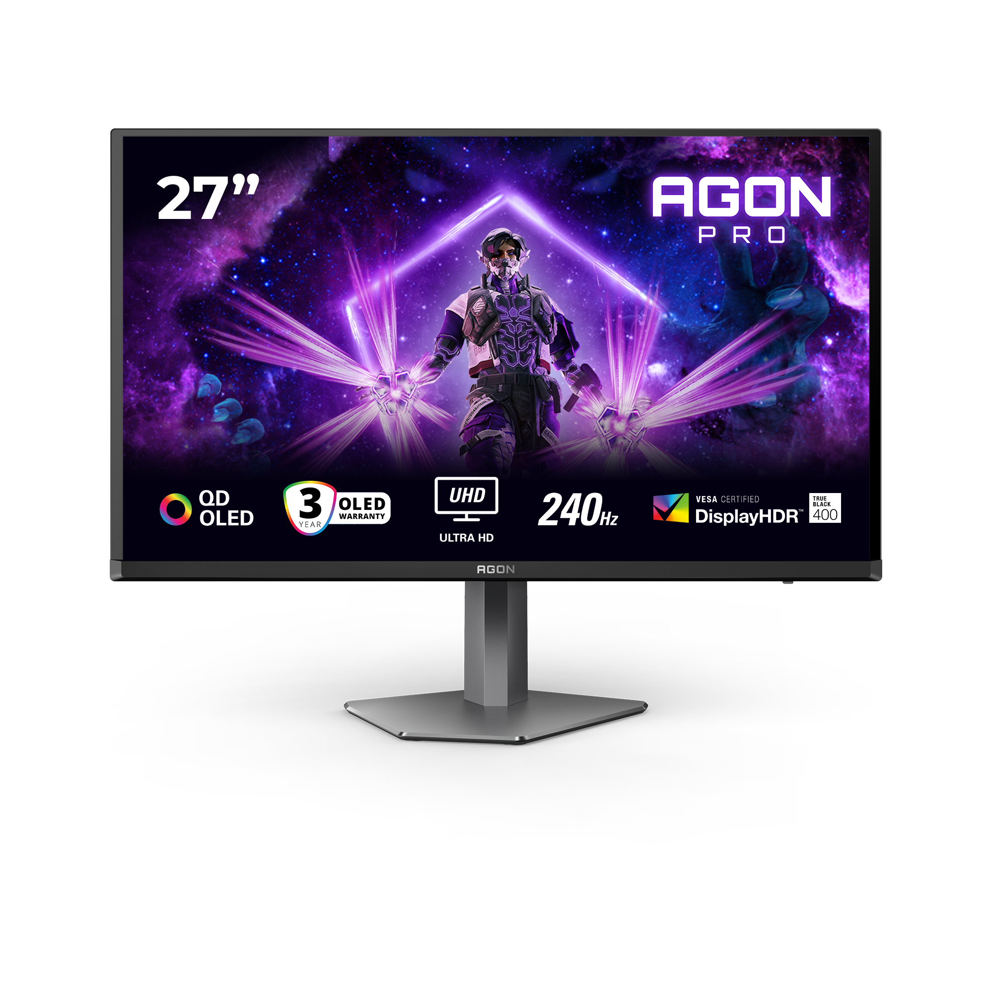 27" AGON PRO Monitor. Funktionen sind UHD, 240Hz und DisplayHDR 400. Der Bildschirm zeigt eine futuristische Figur.
