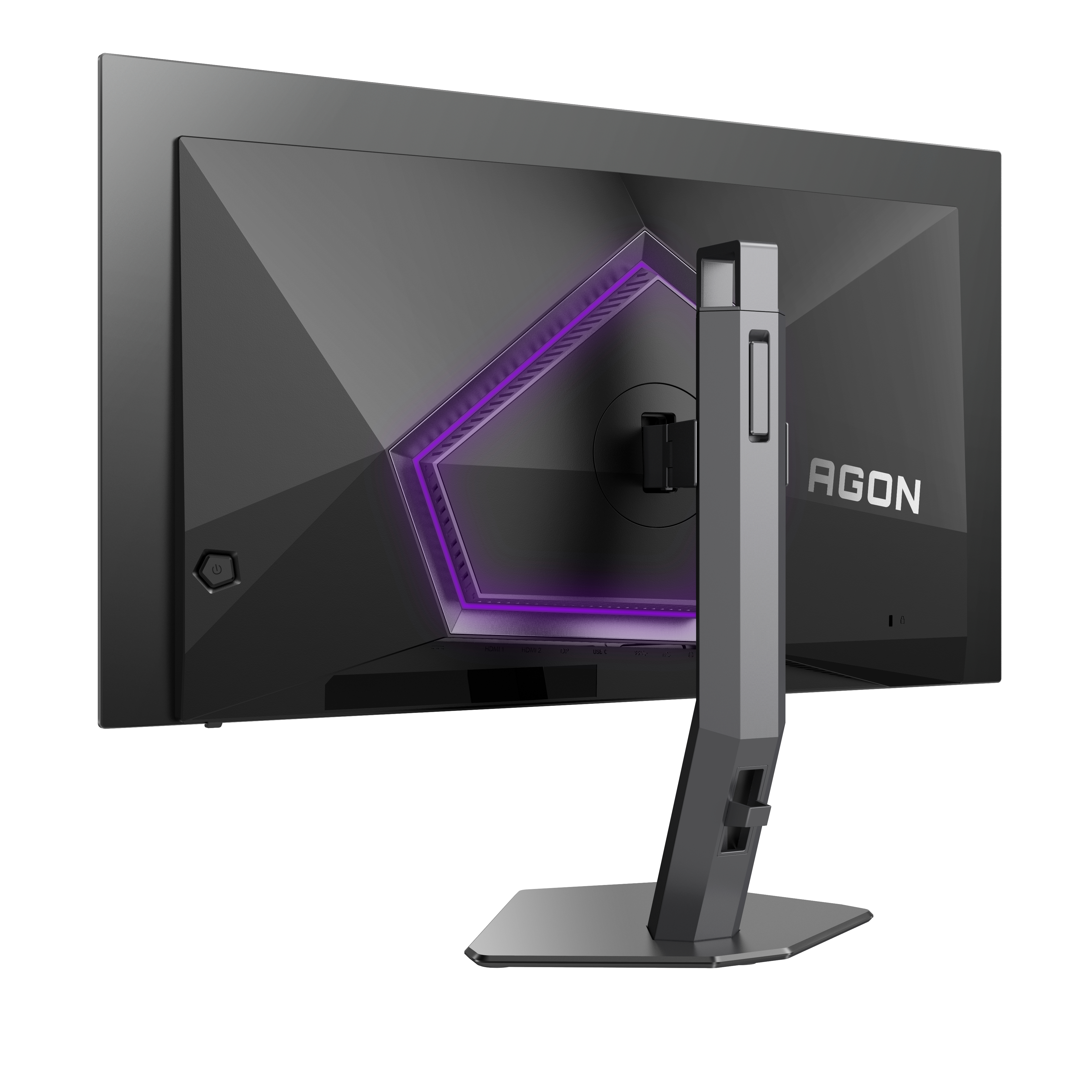 Rückansicht eines schwarzen Computermonitors mit grauem Ständer. Der Monitor hat ein lila Licht und das Wort AGON.