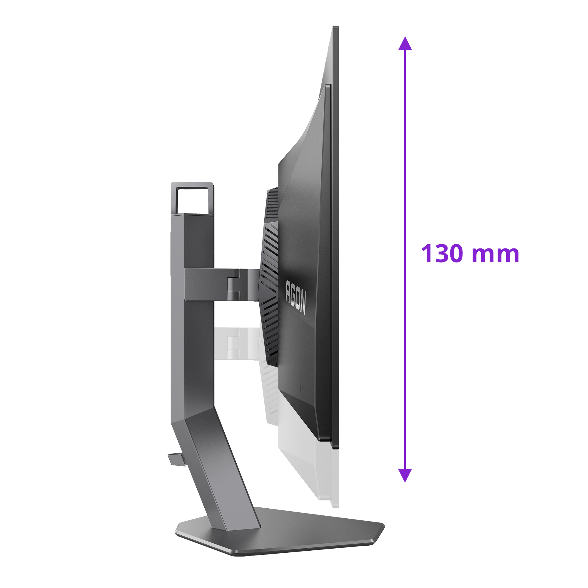 Seitenansicht eines schwarzen Computermonitors mit Ständer. Ein lila Pfeil zeigt die Höhe von 130 mm.