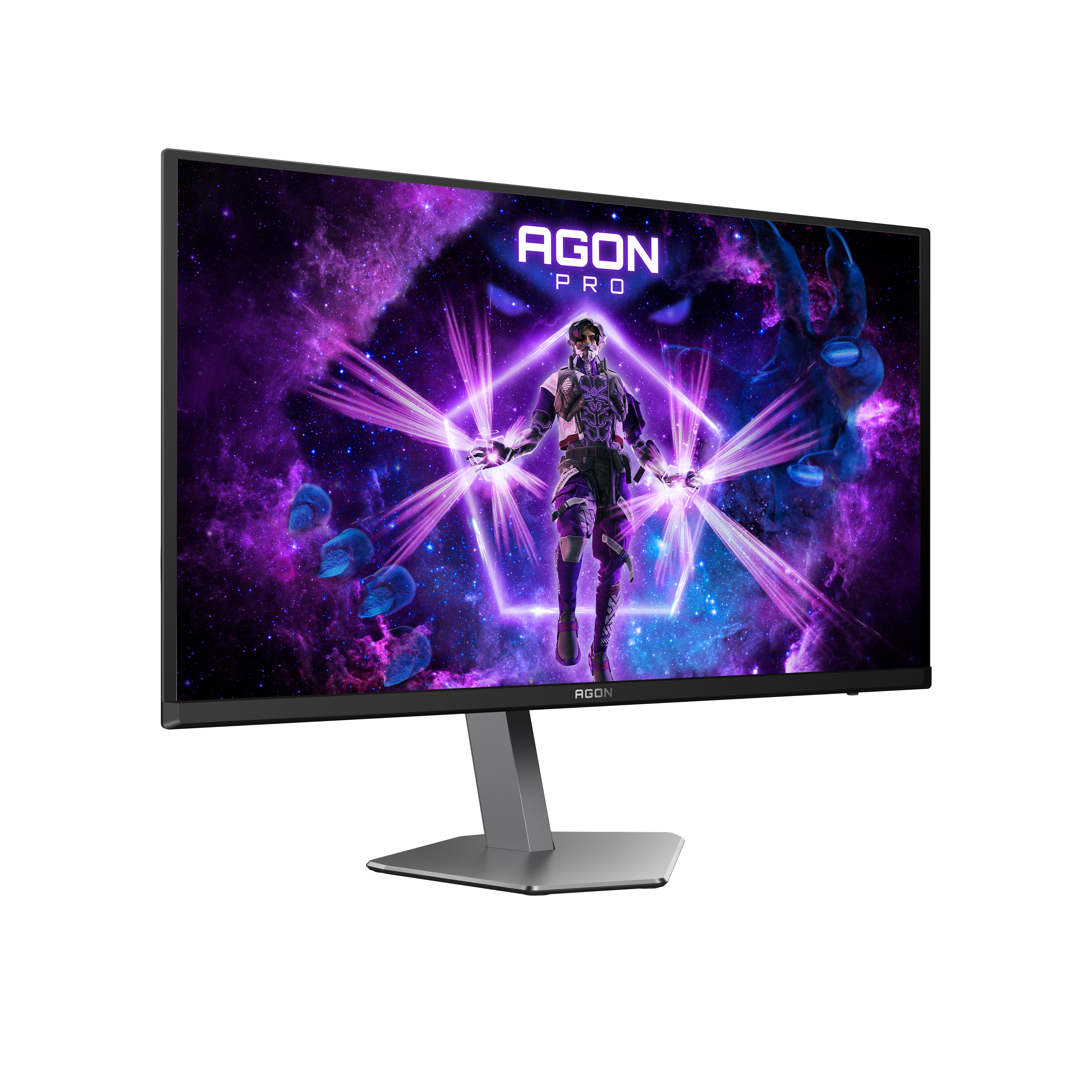 Ein Monitor, der eine Weltraumszene mit einer Figur in der Mitte zeigt, der Monitor steht auf einem silbernen Ständer.