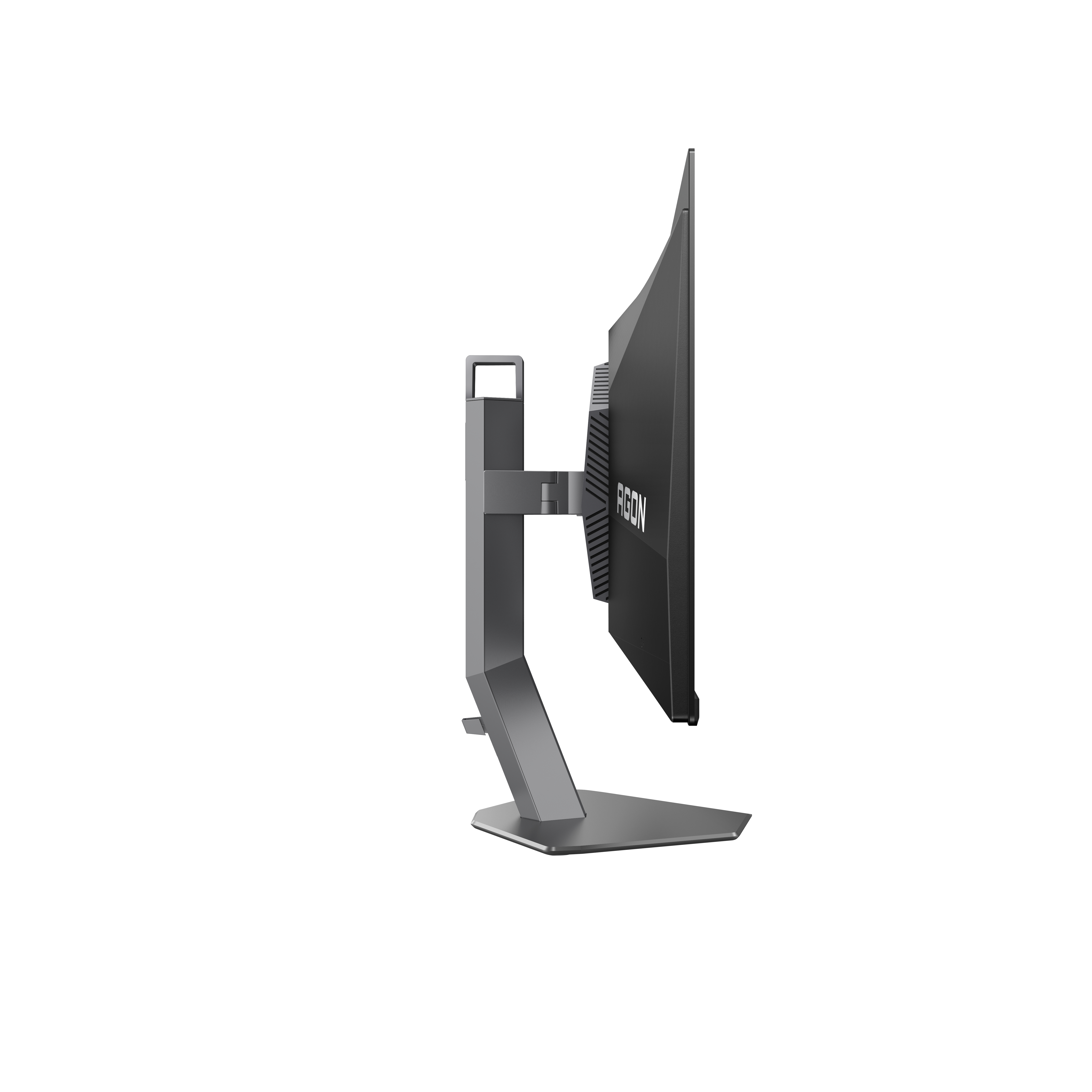 Seitenansicht eines schwarzen Computermonitors mit einem dunkelgrauen Ständer. Der Monitor ist mit AGON beschriftet.