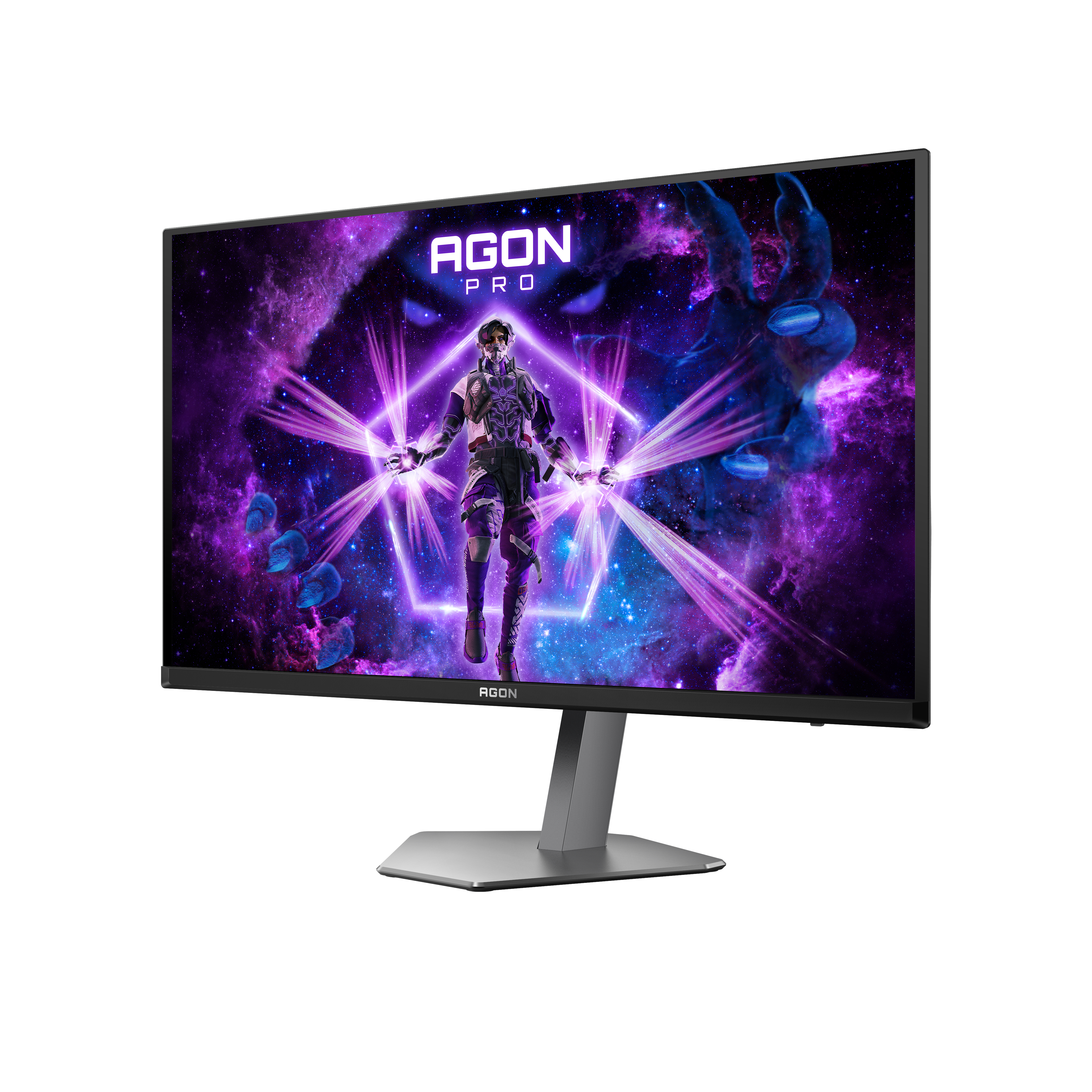 Ein Monitor zeigt eine futuristische Szene einer Figur, die Licht aussendet. Der Monitor ist silberfarben, mit dem AGON-Logo.