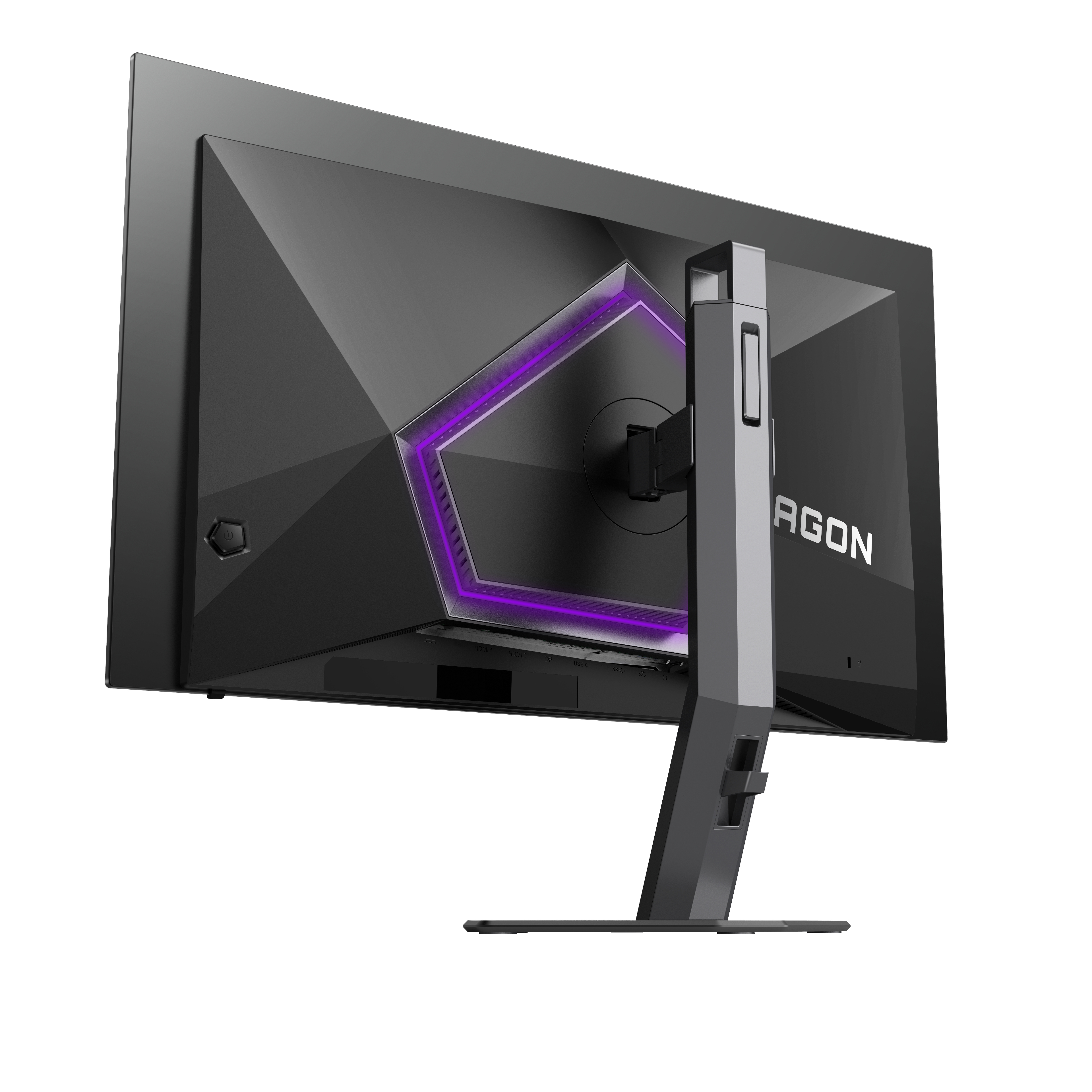 Rückansicht eines schwarzen Computermonitors mit lila beleuchtetem Design. Der Ständer ist silberfarben und der Bildschirm hat das AGON-Logo.