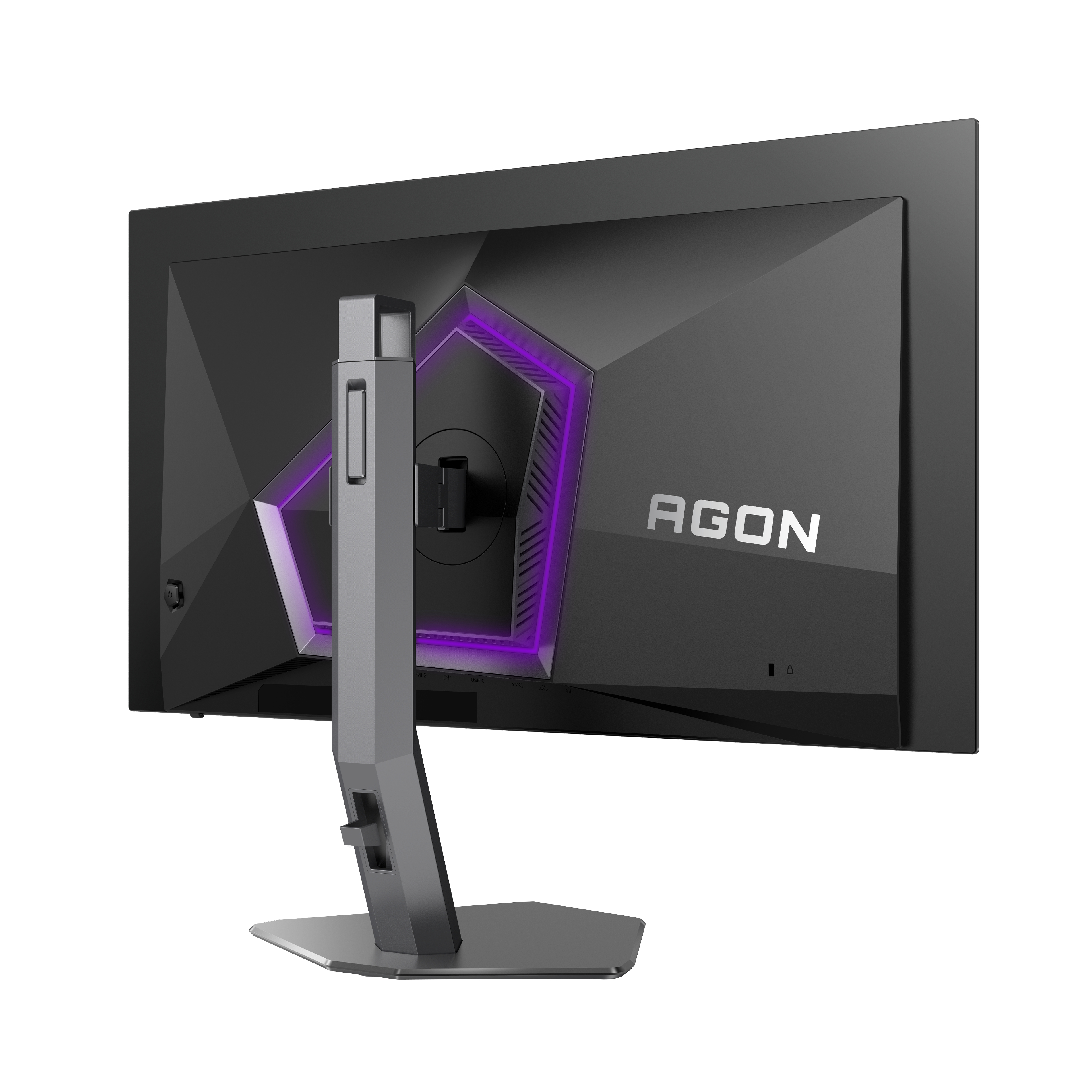 Rückseite eines schwarzen Monitors mit silbernem Ständer. Der Monitor hat ein lila Licht. Der Markenname ist AGON.