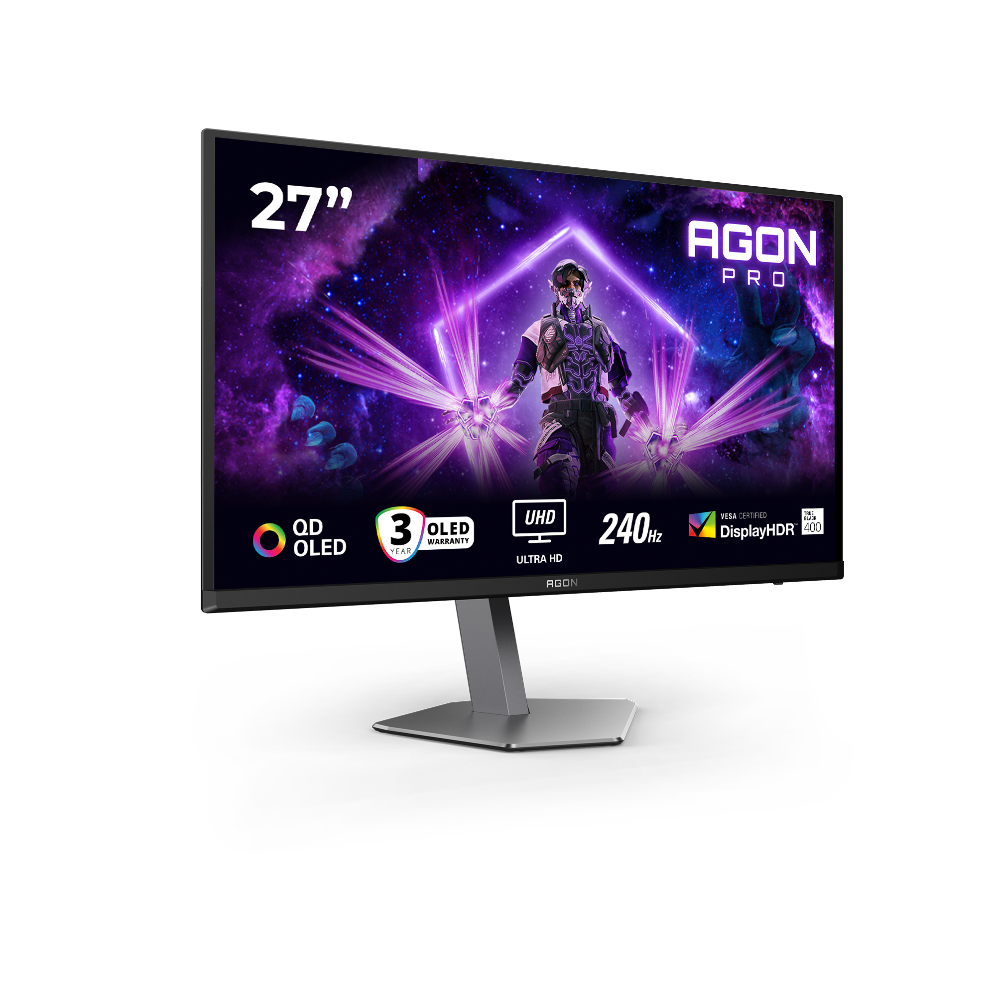 Ein 27" AGON PRO Gaming-Monitor. Er hat ein futuristisches Bild auf dem Bildschirm mit den Worten "QD OLED, UHD, 240Hz".
