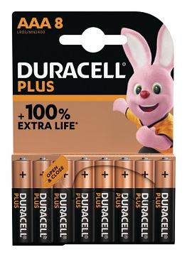 Duracell-Batteriepackung. Acht AAA-Batterien sind sichtbar, mit einem rosa Hasen-Maskottchen oben rechts.