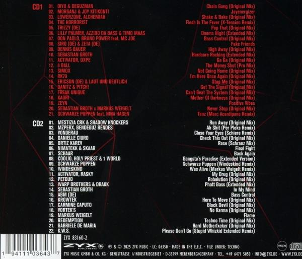 CD-Cover mit Titellisten. Rotes und schwarzes Design mit Künstlern und Songtiteln. ZYX-Logo und Barcode unten.