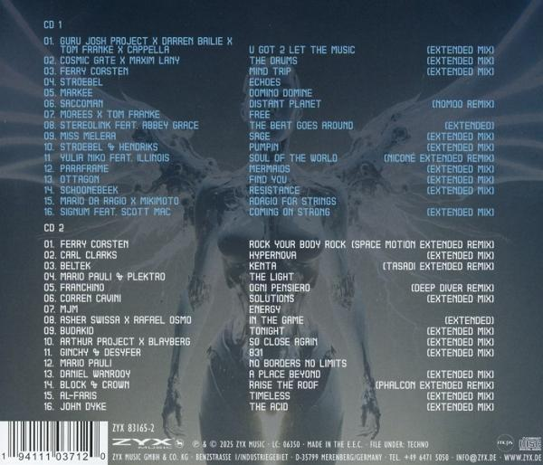CD-Cover mit Titellisten. Enthält Songtitel und Künstlernamen, angeordnet in Spalten, vor blau-grauem Hintergrund.