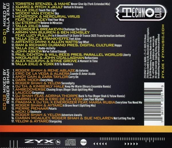 CD-Cover für Techno Club mit Titellisten und Künstlernamen. Der Hintergrund ist schwarz mit weißem Text.