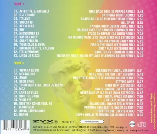 CD-Cover mit einer Statue mit Sonnenbrille und einer Titelliste. Der Hintergrund ist ein Farbverlauf aus Pink und Gelb.