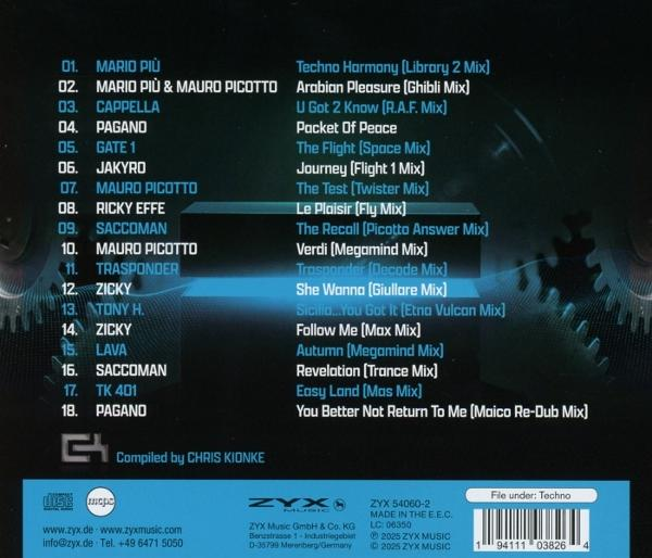 Ein CD-Cover mit einer Liste von Songs und Künstlernamen. Der Hintergrund ist dunkelblau und hat Techno-Grafiken.