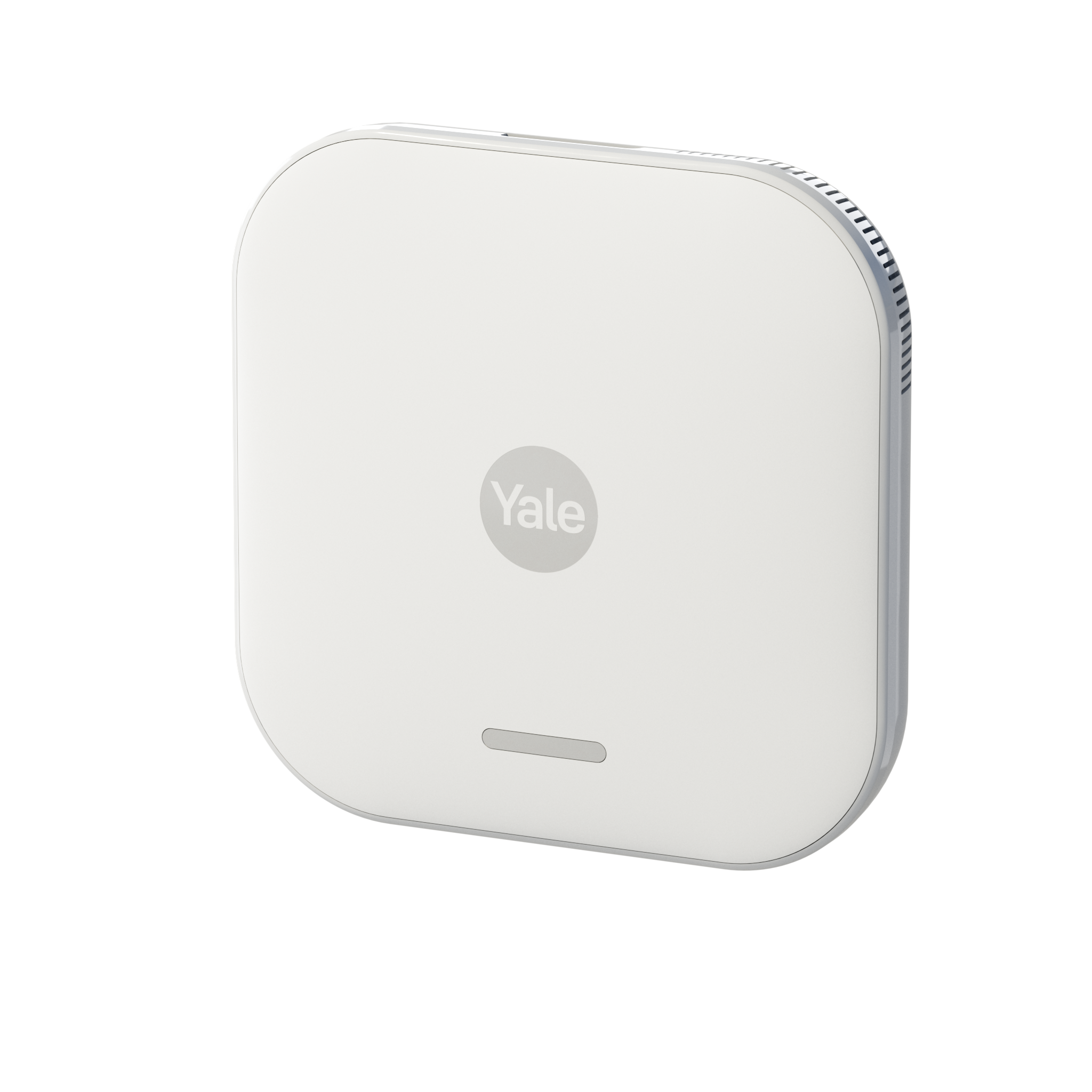 Ein weißes Yale-Gerät. Es hat eine abgerundete quadratische Form, ein graues Yale-Logo und einen kleinen grauen horizontalen Balken darunter.