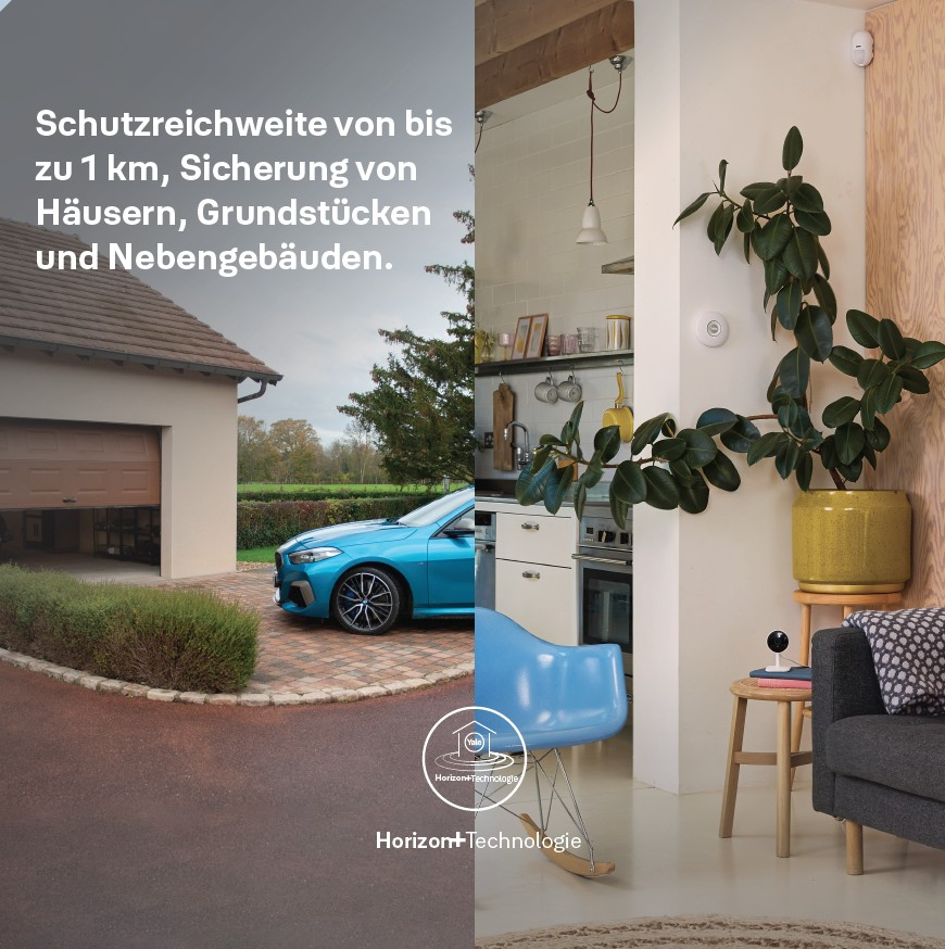 Ein geteiltes Bild. Links ist ein blaues Auto vor einer Garage zu sehen. Rechts ist ein Innenraum mit Pflanze und blauem Stuhl.
