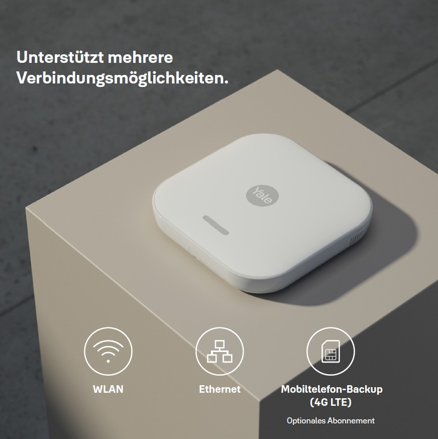 Weißes Yale-Gerät auf beiger Oberfläche. Symbole für WLAN, Ethernet und mobilem Backup darunter. Text: Unterstützt mehrere Verbindungsoptionen.