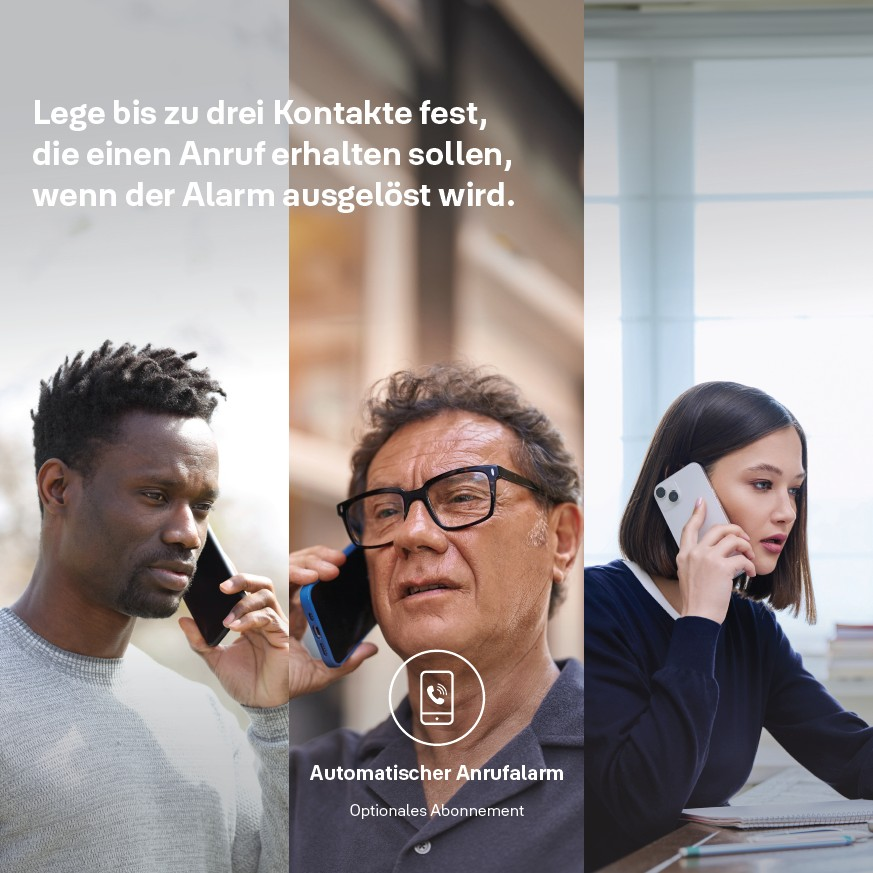 Drei Personen telefonieren. Text: 'Automatischer Anrufalarm' und Anweisungen zum Festlegen von Kontakten für Benachrichtigungen.
