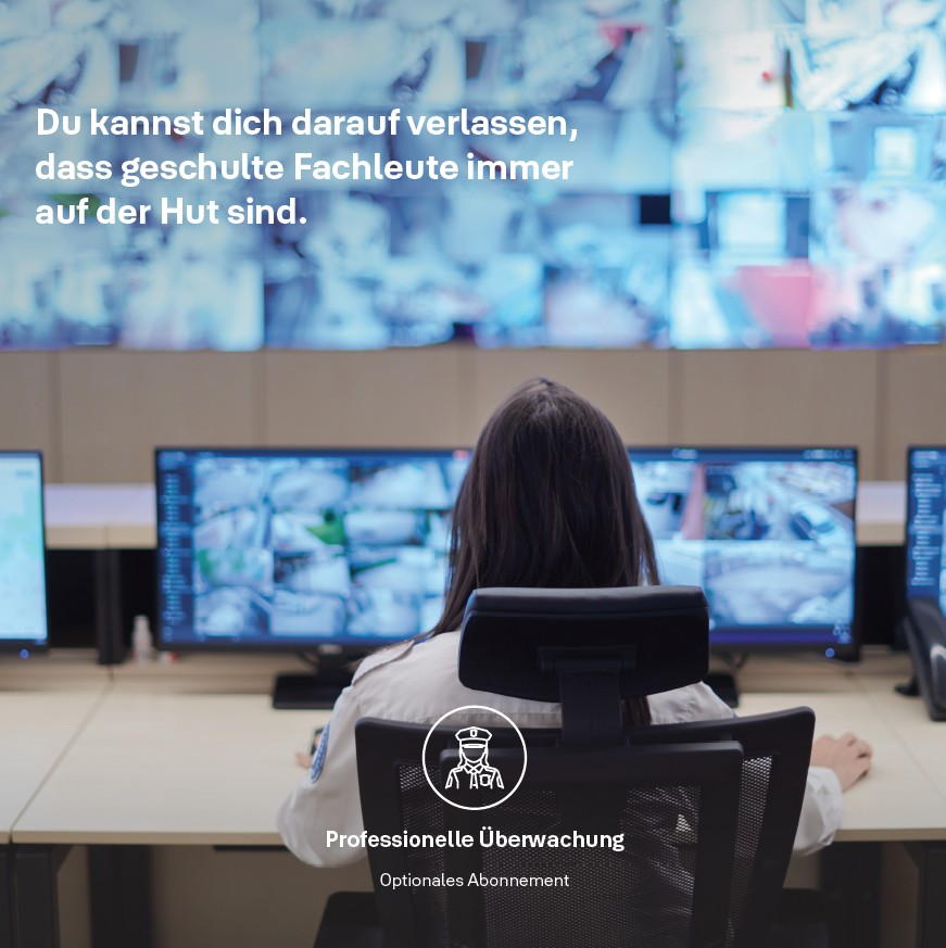 Eine Person überwacht Bildschirme mit Überwachungsvideos. Text: "Professionelle Überwachung". Hintergrund: Überwachungsbildschirme.