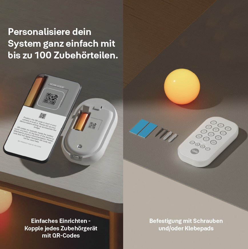 Das Bild zeigt ein Smart-Home-Setup mit einem Gerät, einer Fernbedienung und Zubehör. QR-Codes sind prominent, was auf eine einfache Einrichtung hindeutet.