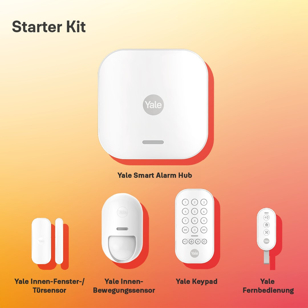Ein Starter-Kit mit Hub, Türsensor, Bewegungsmelder, Keypad und Fernbedienung. Alle Artikel sind weiß mit dem Yale-Logo.