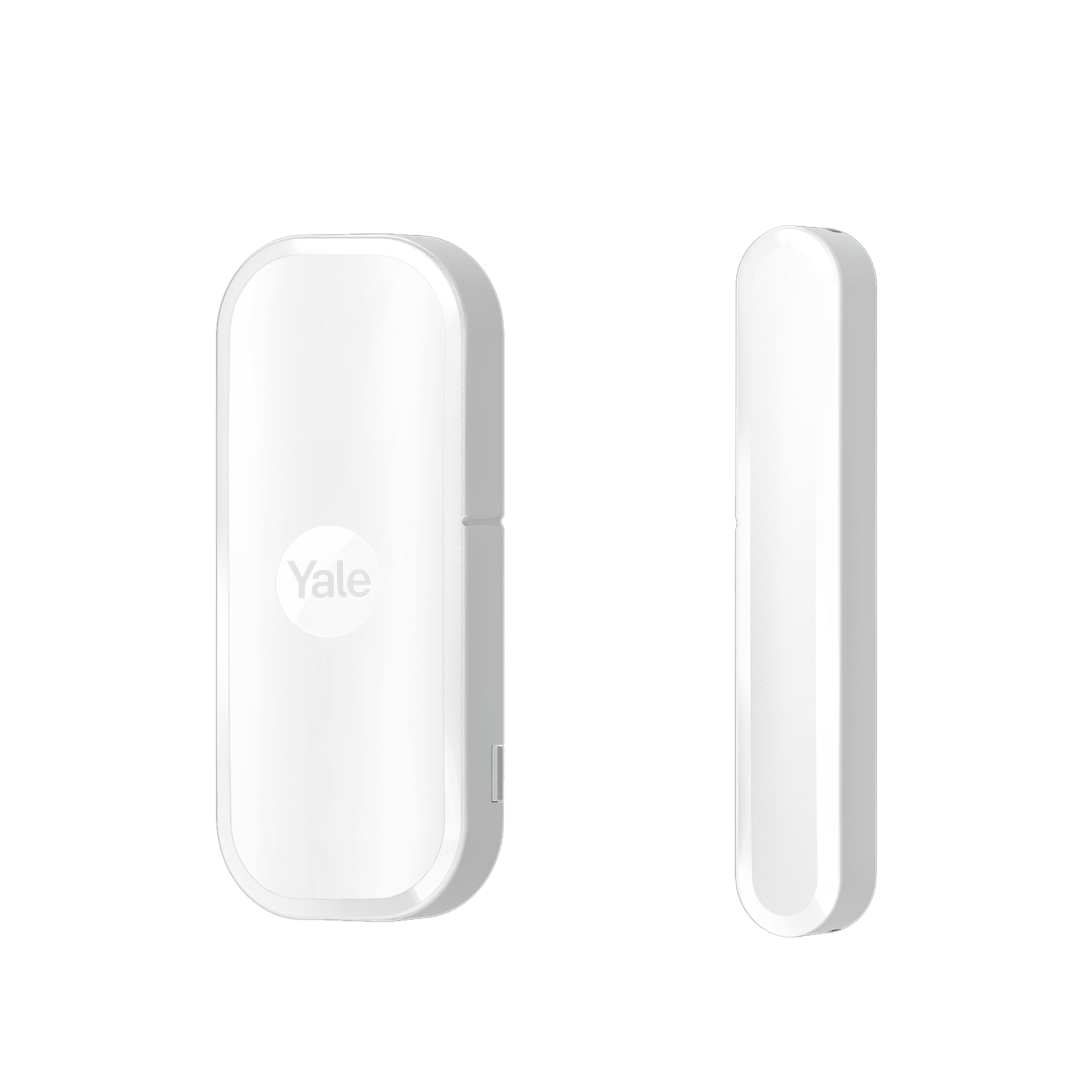 Zwei weiße Yale-Sicherheitsgeräte, eines rechteckig, eines lang und dünn. Yale-Logo sichtbar.