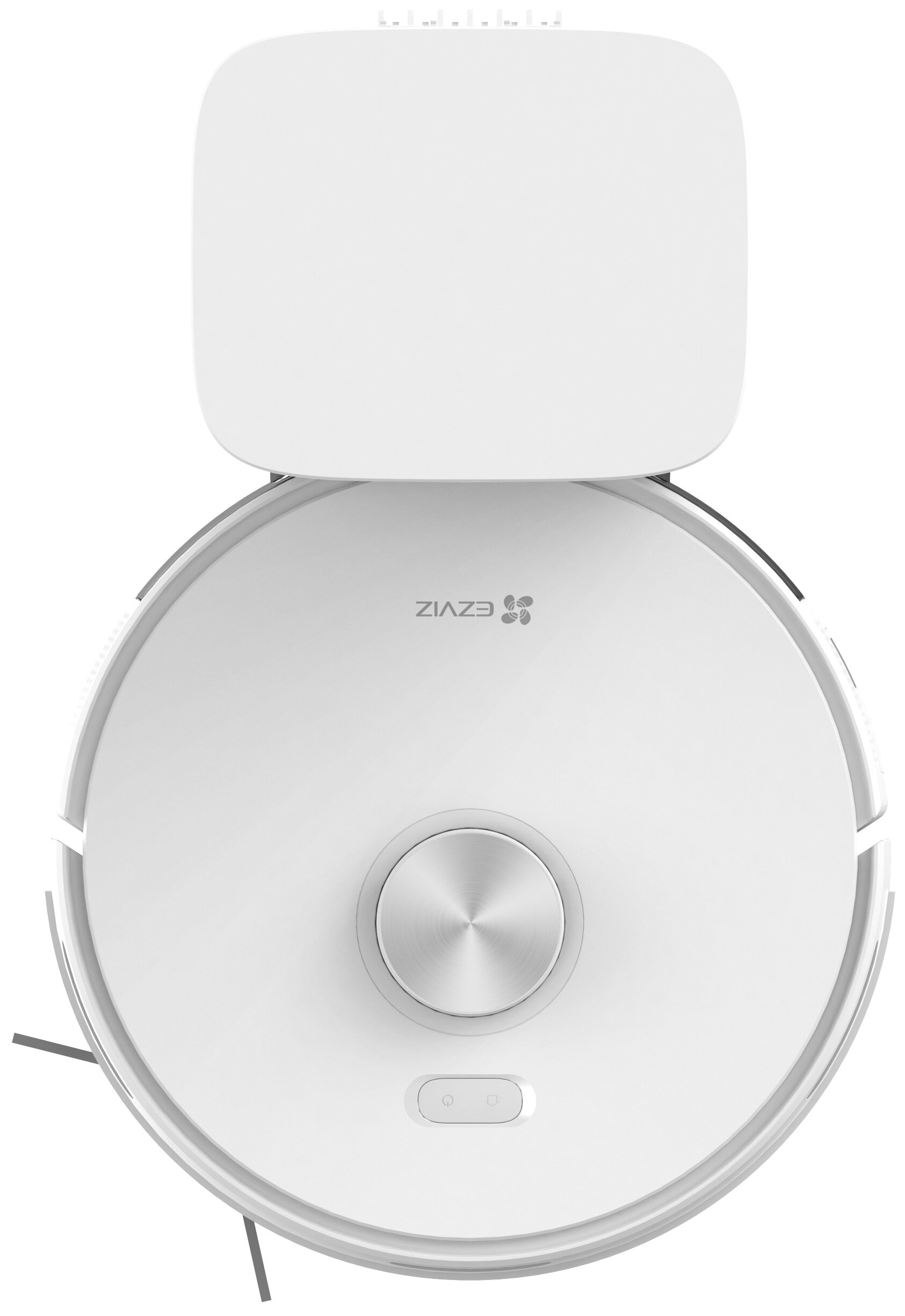 Biały odkurzacz robot z kwadratową górą i okrągłą podstawą. Widoczne logo EZVIZ.