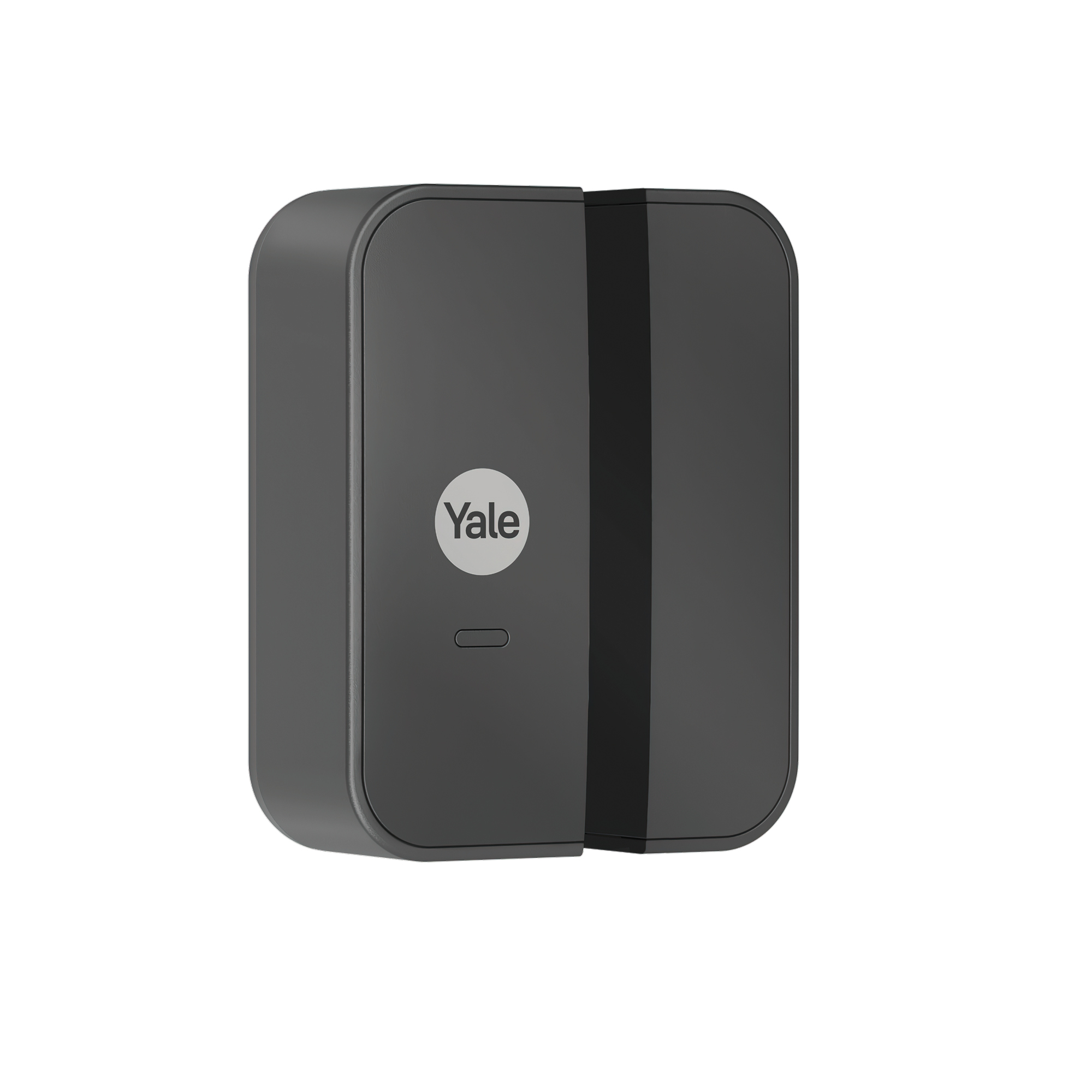 Ein dunkelgraues Yale Smart Lock-Gerät vor weißem Hintergrund. Es hat eine abgerundete rechteckige Form mit dem Yale-Logo.