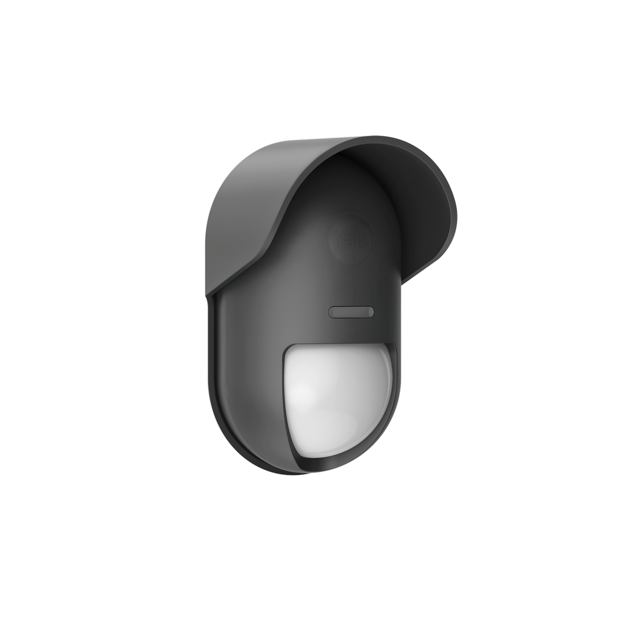 Ein grauer Yale-Sicherheitssensor mit gebogenem Visier. Er hat ein weißes Sensorfenster und einen kleinen, rechteckigen Knopf.