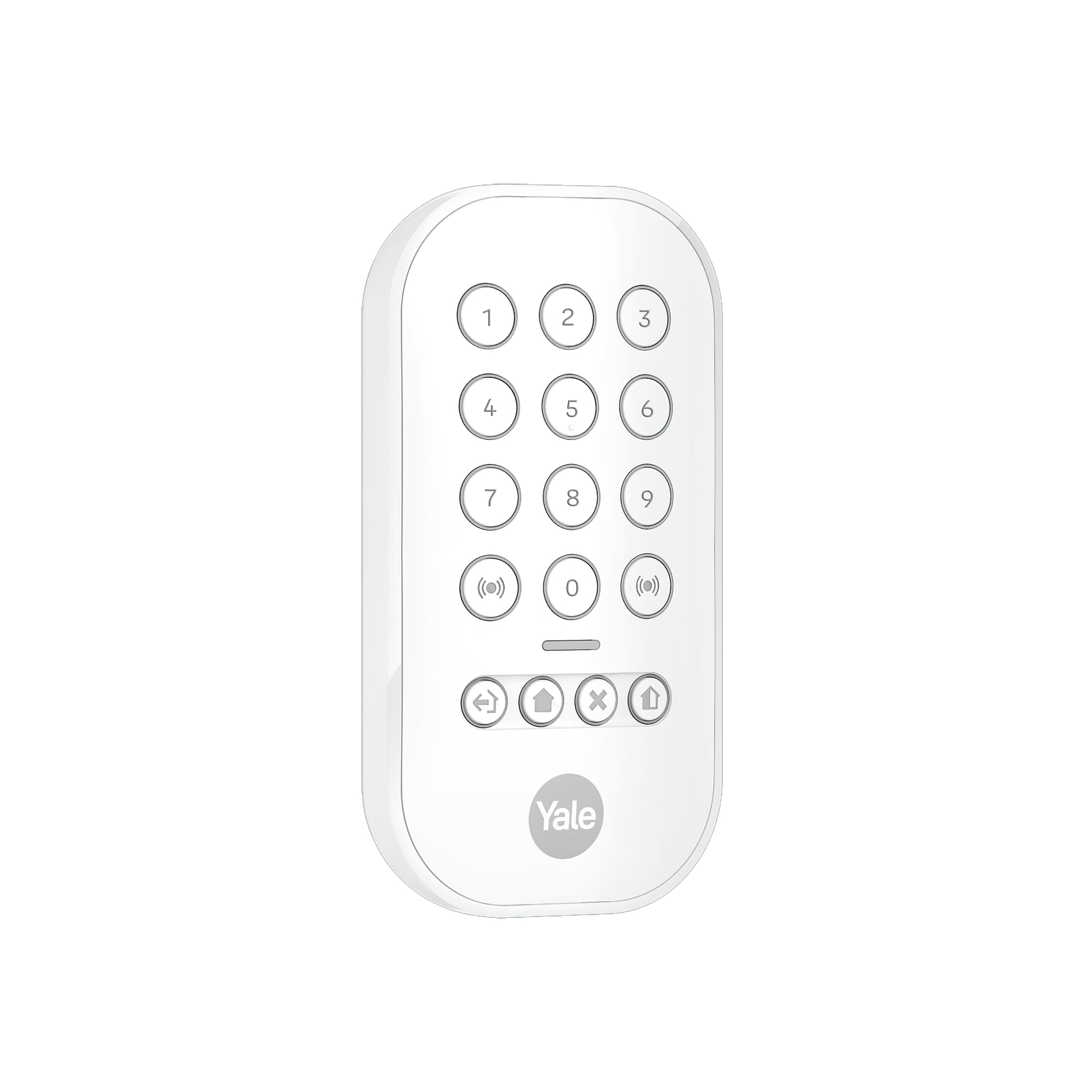 Weißes Yale-Tastaturfeld mit den Zifferntasten 1-9, 0 und Funktionstasten. Verfügt über ein abgerundetes rechteckiges Design mit einem Yale-Logo unten.