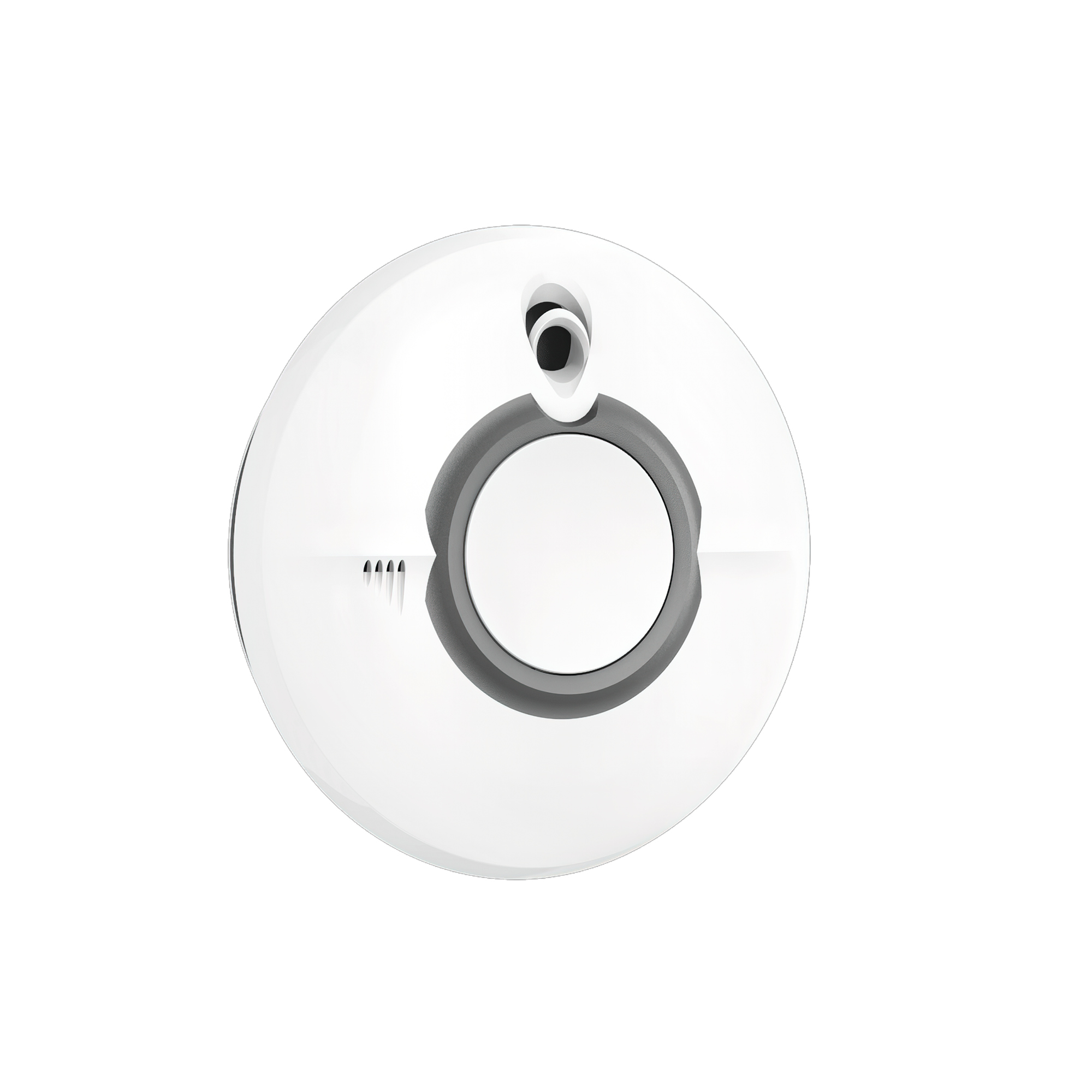 Ein weißer, kreisförmiger Rauchmelder mit grauem Ring um einen Mittelkreis und einem schwarzen Sensor.