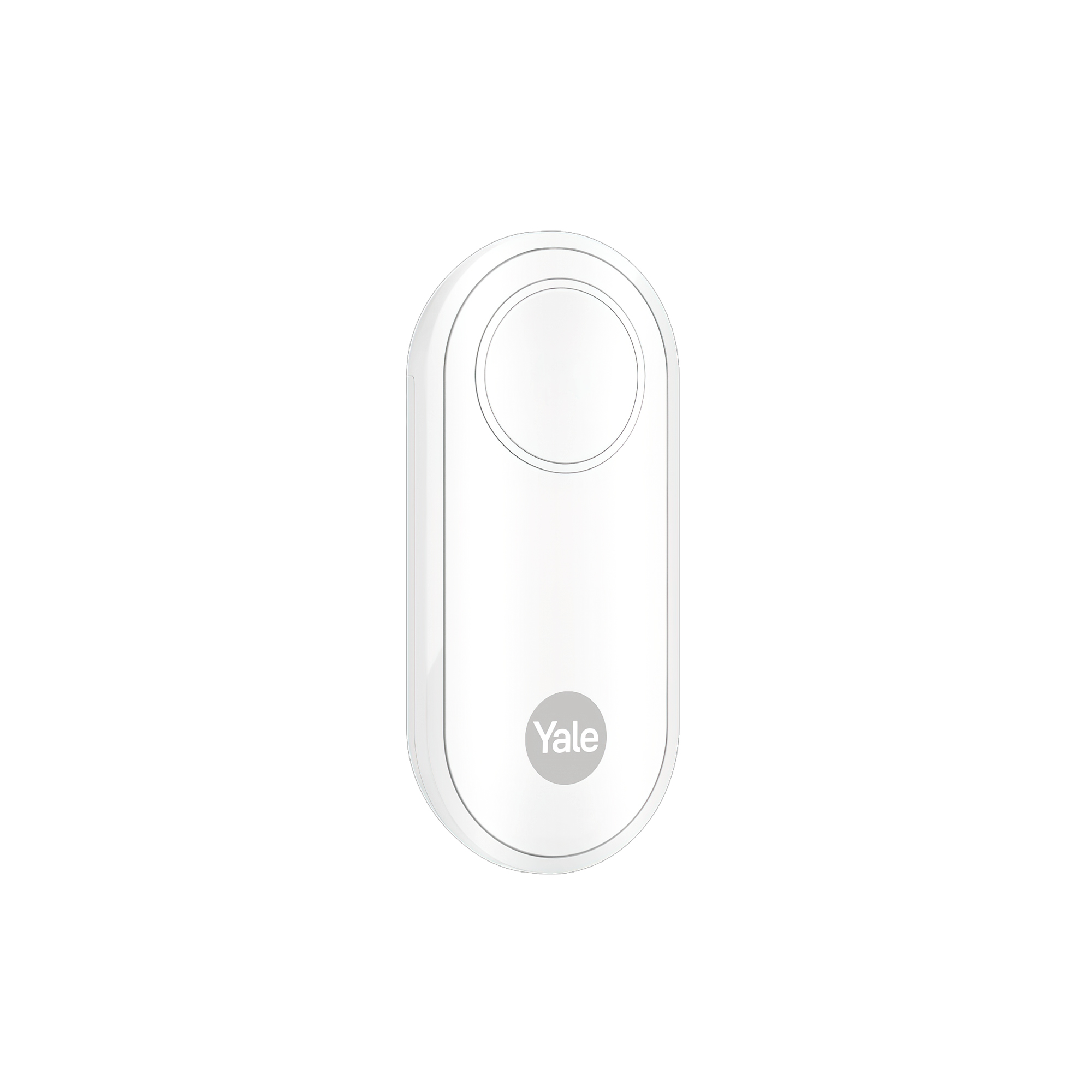 Ein weißes, ovales Yale Smart Lock ist auf weißem Hintergrund zentriert. Es hat eine kreisförmige Oberseite und das Yale-Logo unten.