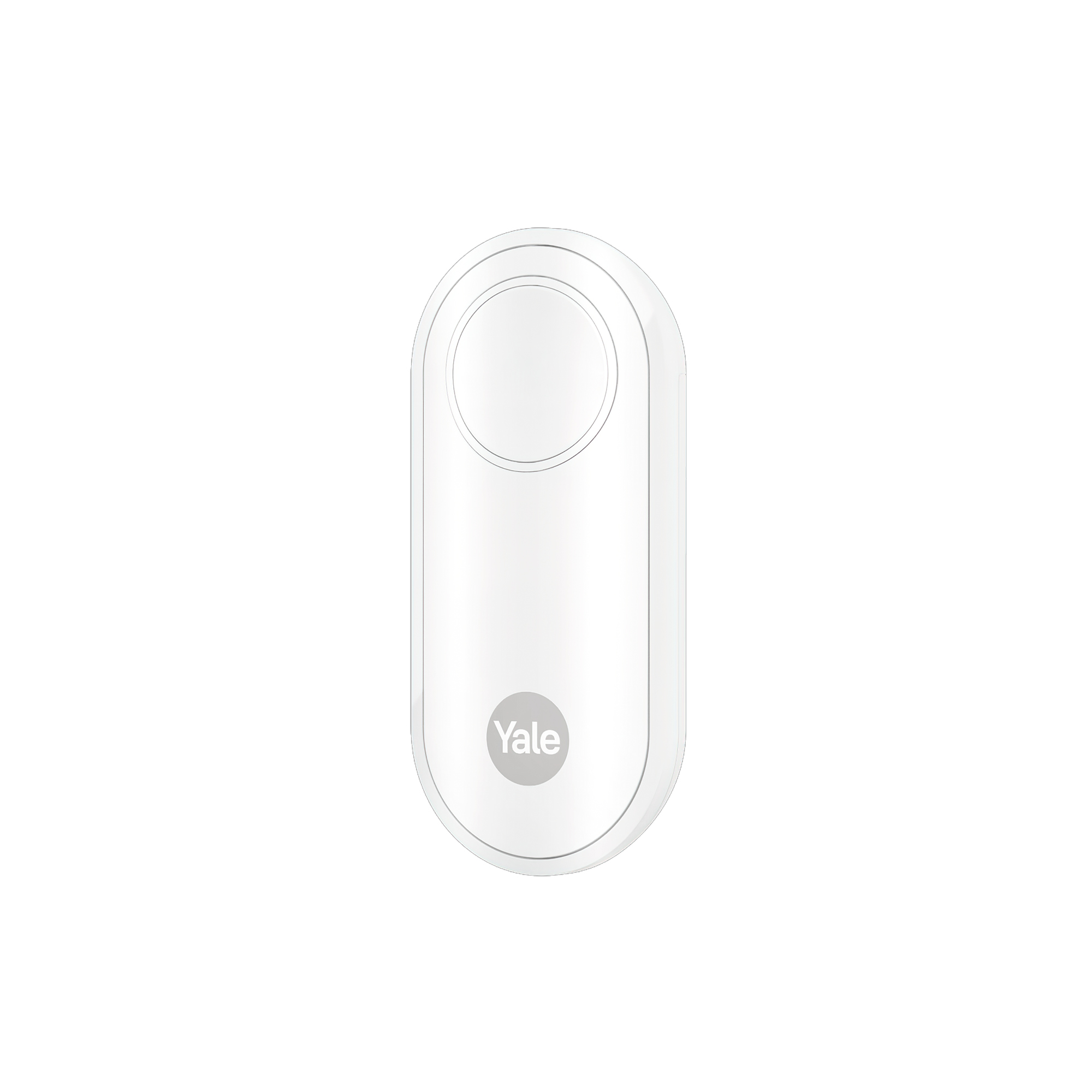 Ein weißer Yale-Türsensor. Er hat eine abgerundete Oberseite mit einem kreisförmigen Element. Das Yale-Logo befindet sich unten.