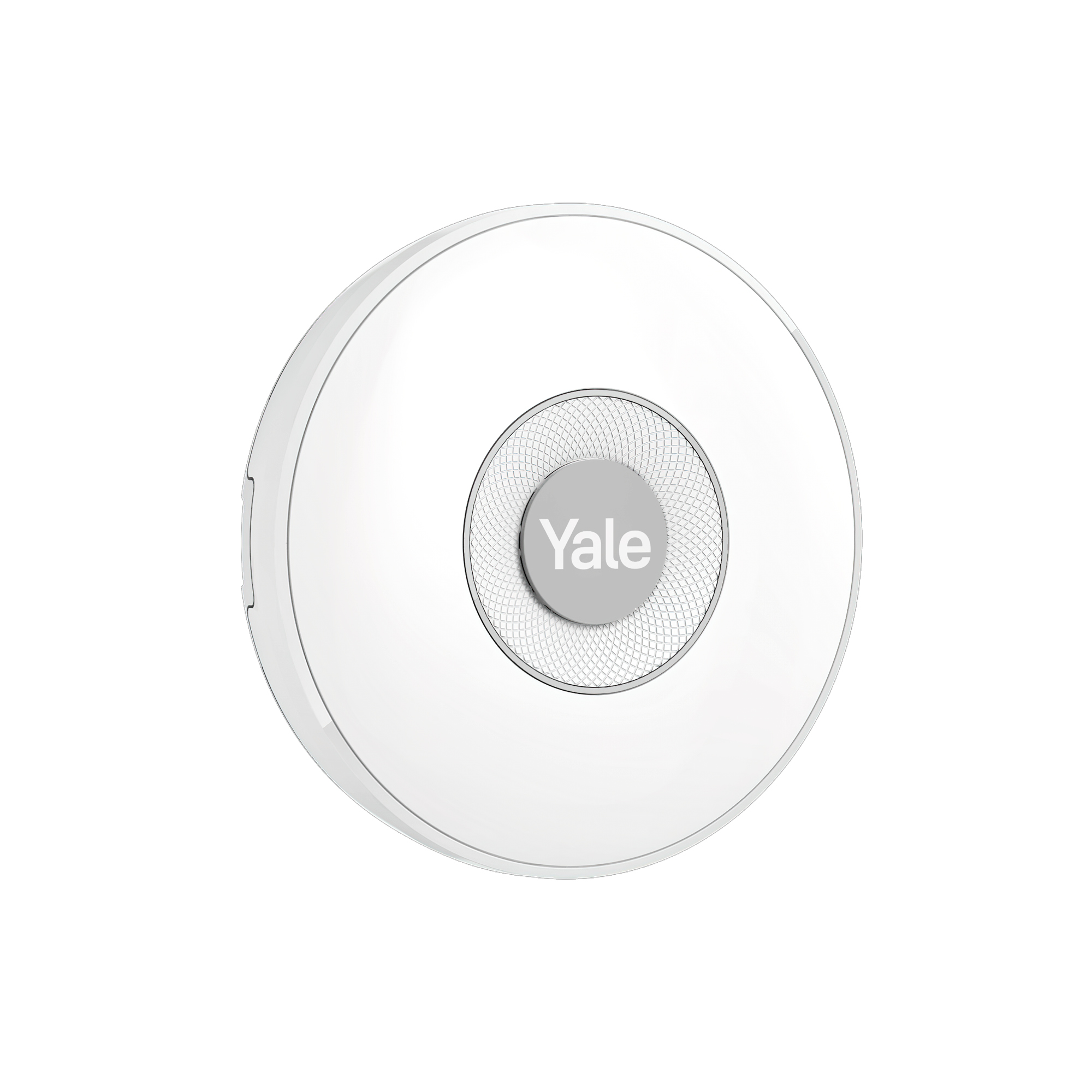 Ein weißes Yale-Gerät. Es ist rund mit silberner Kontur. Die Mitte hat einen grauen Kreis mit weißem "Yale".