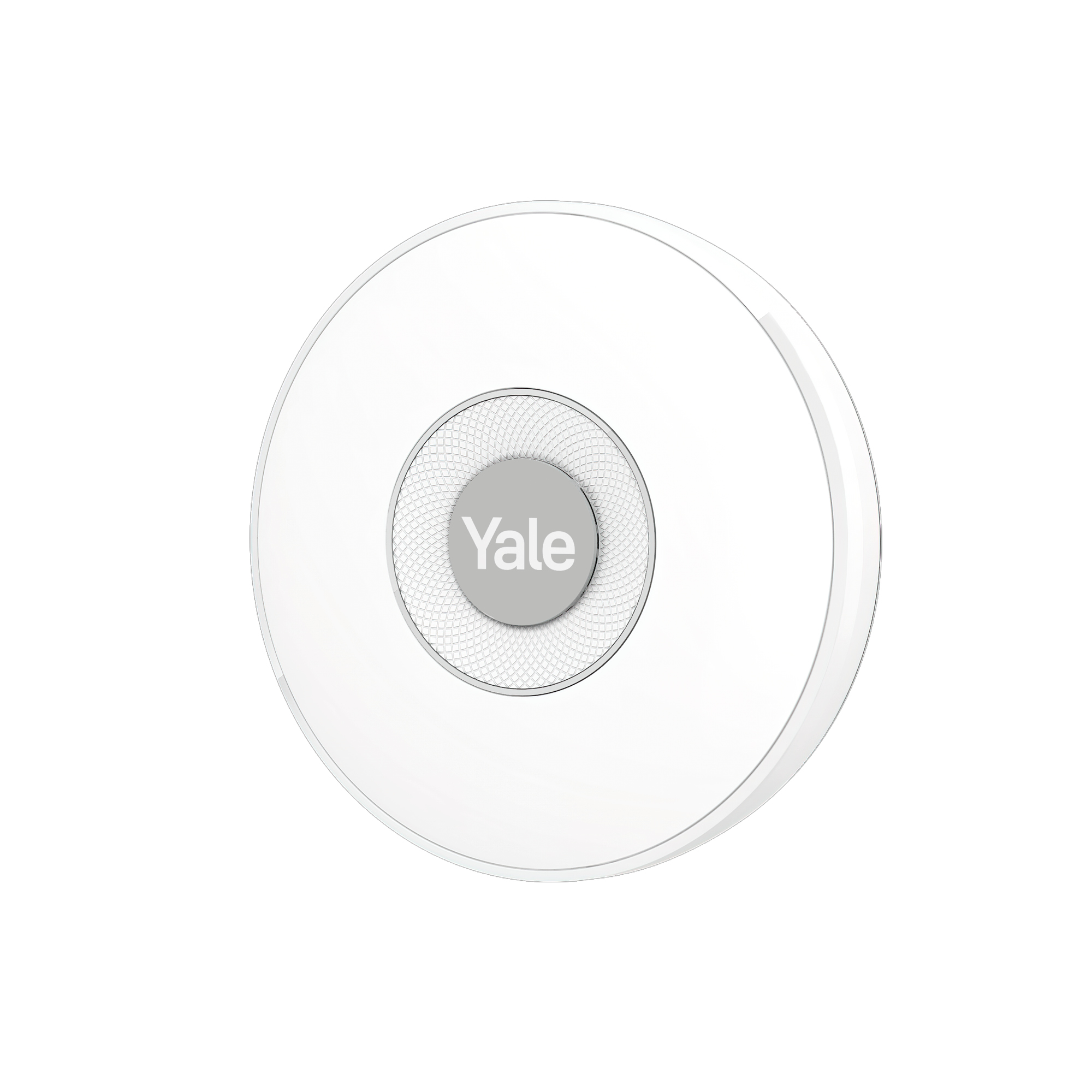Ein weißes, kreisförmiges Yale-Gerät mit silbernem Außenring. Die Mitte hat einen grauen Kreis mit dem Yale-Logo.