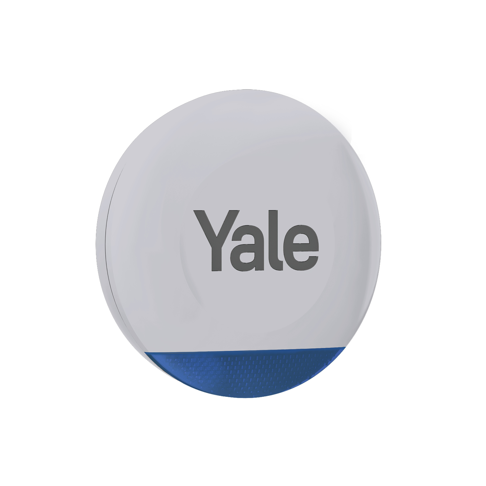 Ein weiß-graues Yale Smart Lock. Der Boden hat einen blauen strukturierten Bereich und der Markenname Yale ist grau.