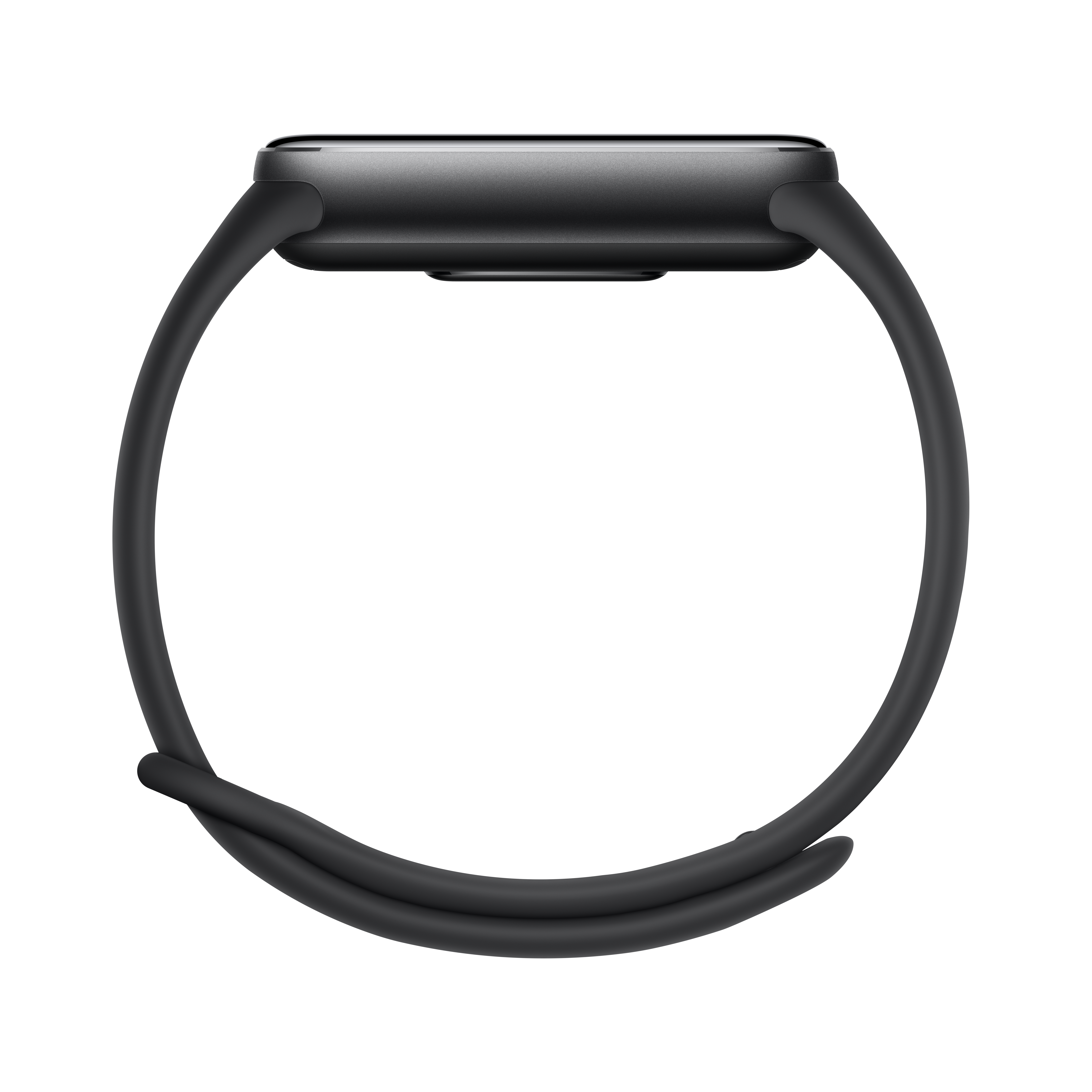 Eine schwarze Smartwatch mit dunkelgrauem Zifferblatt und schwarzen Bändern vor weißem Hintergrund.