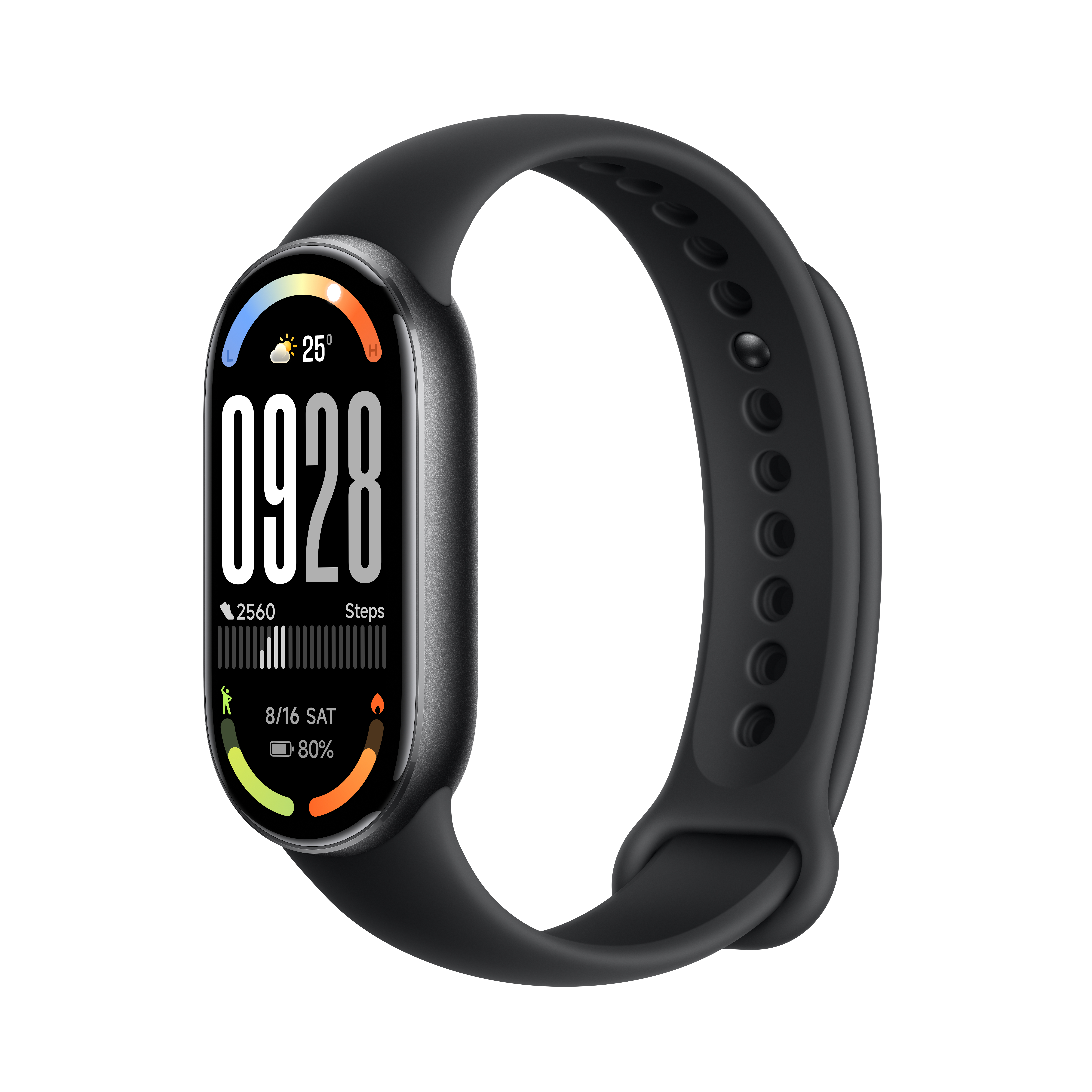 Schwarzer Fitnesstracker auf weißem Hintergrund. Zeigt Uhrzeit, Schritte, Akku und Wetter.