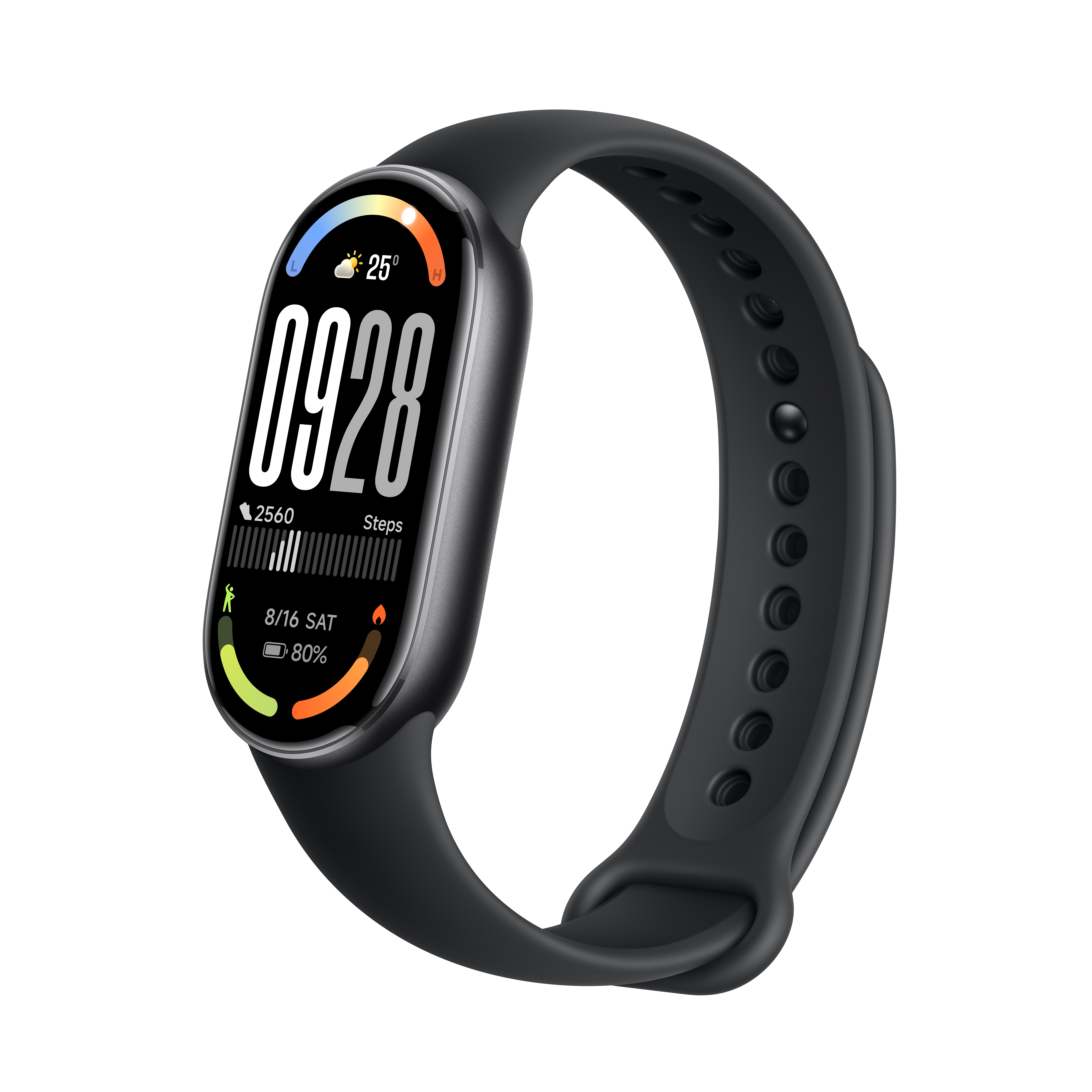 Schwarzer Fitnesstracker mit gewölbtem Bildschirm, der Zeit, Schritte und Akkulaufzeit anzeigt. Das Armband ist schwarz und hat Löcher.