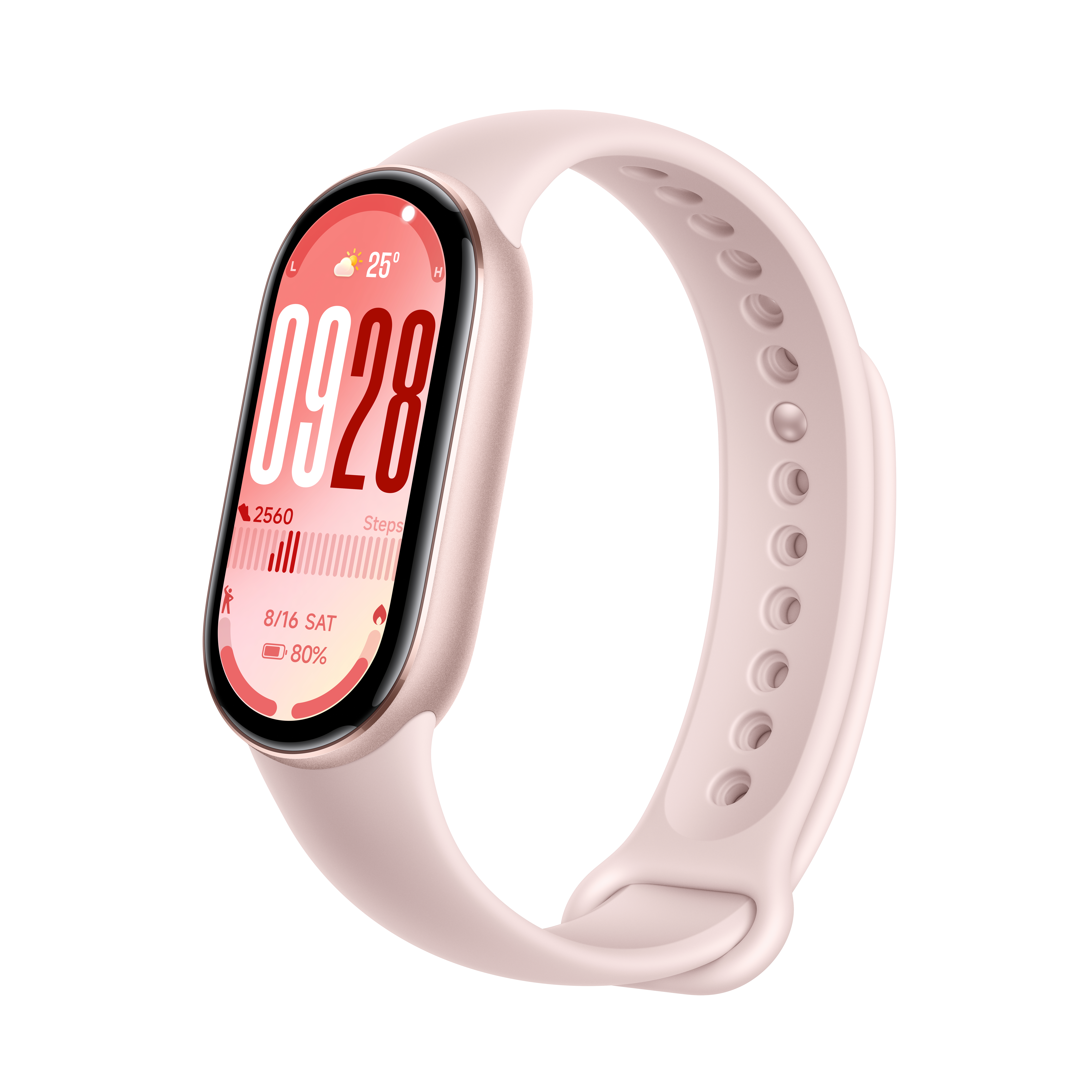 Eine hellrosa Smartwatch mit gewölbtem Bildschirm, der Uhrzeit, Datum, Schritte und Akkuladestand anzeigt. Das Armband ist ebenfalls rosa.