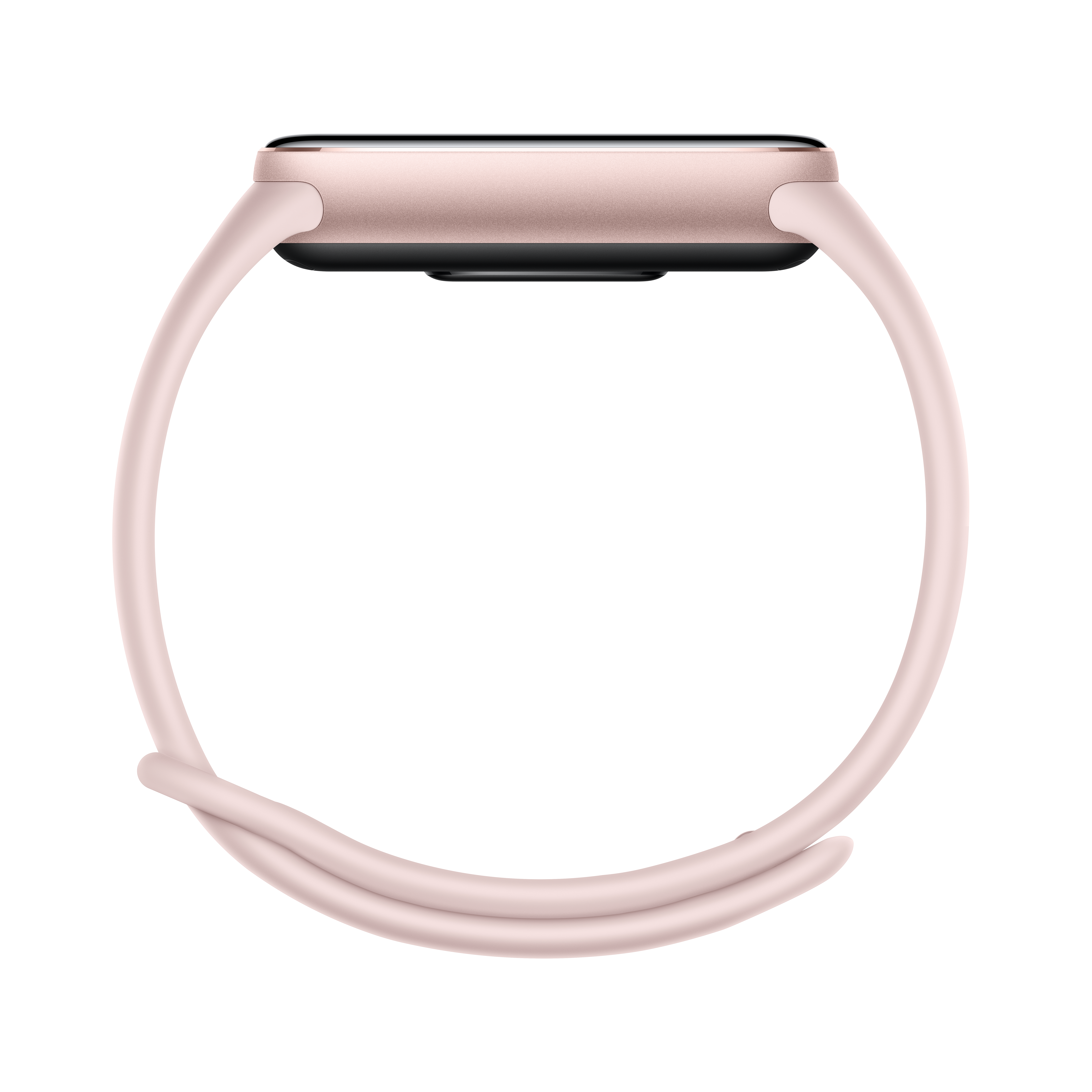 Eine roségoldene Smartwatch mit pinkfarbenem Armband. Sie ist vor weißem Hintergrund isoliert und zeigt die Seitenansicht.